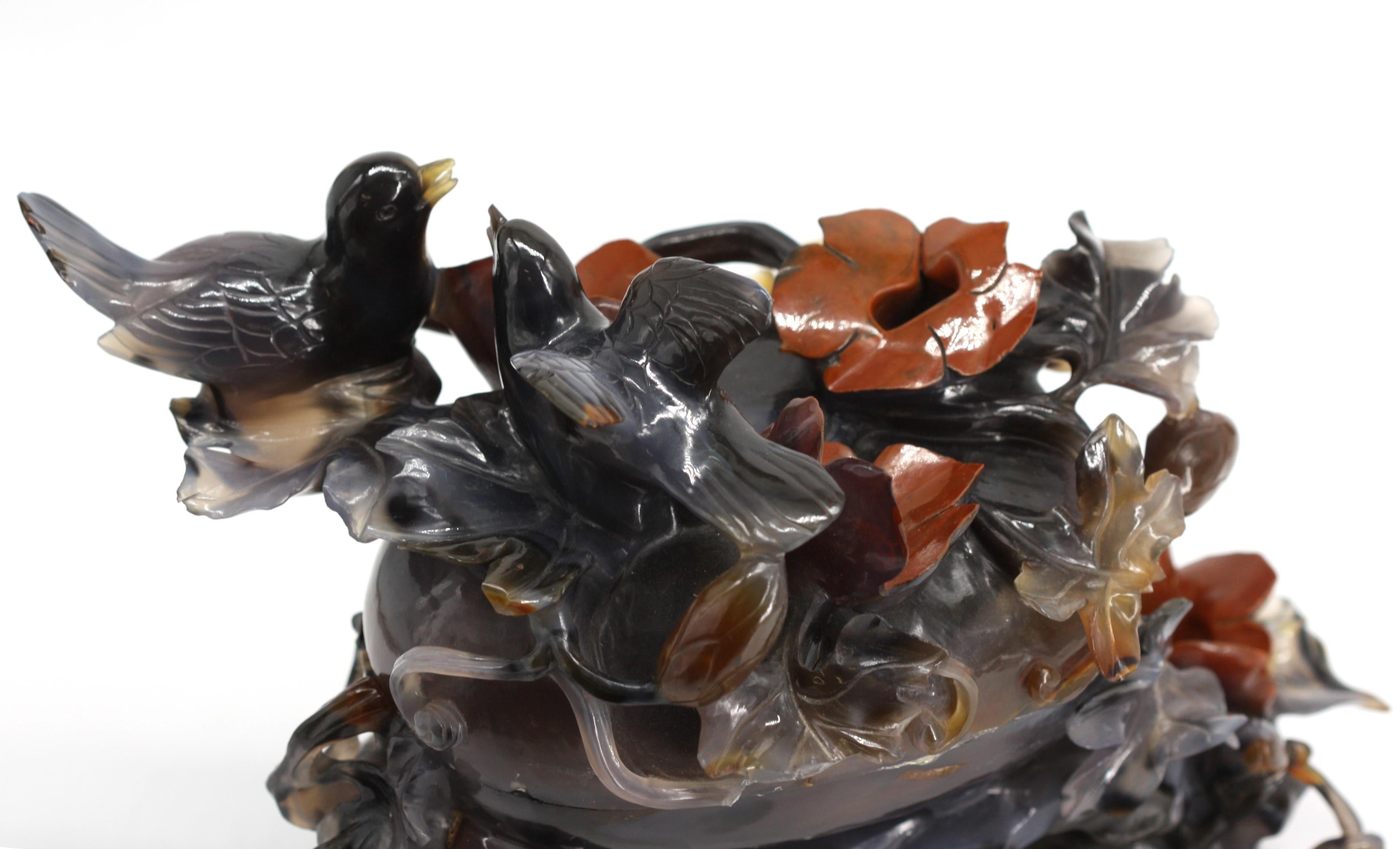 20th Century Chinese Carved Agate Birds Atop Foliage Group For Sale