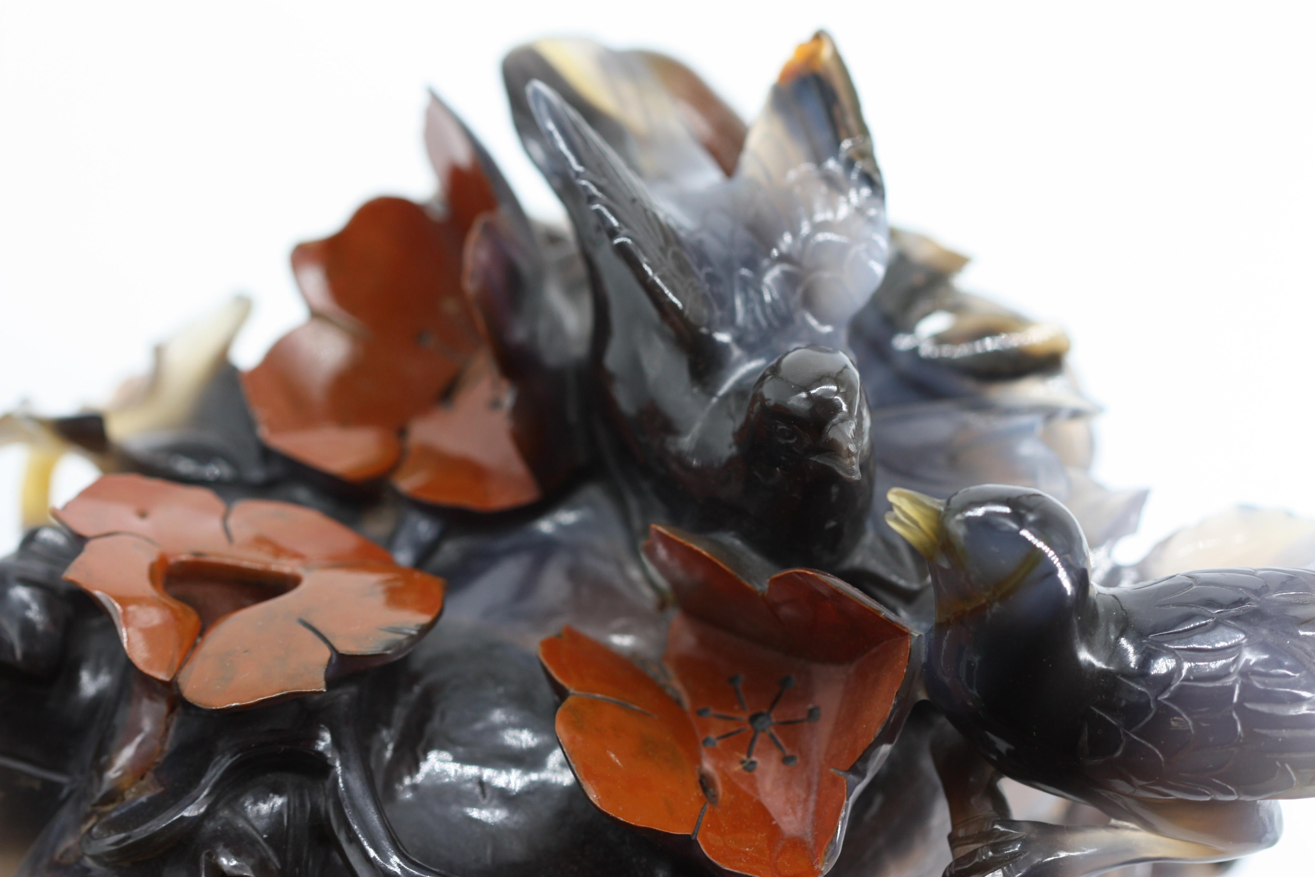 Chinese Carved Agate Birds Atop Foliage Group For Sale 1