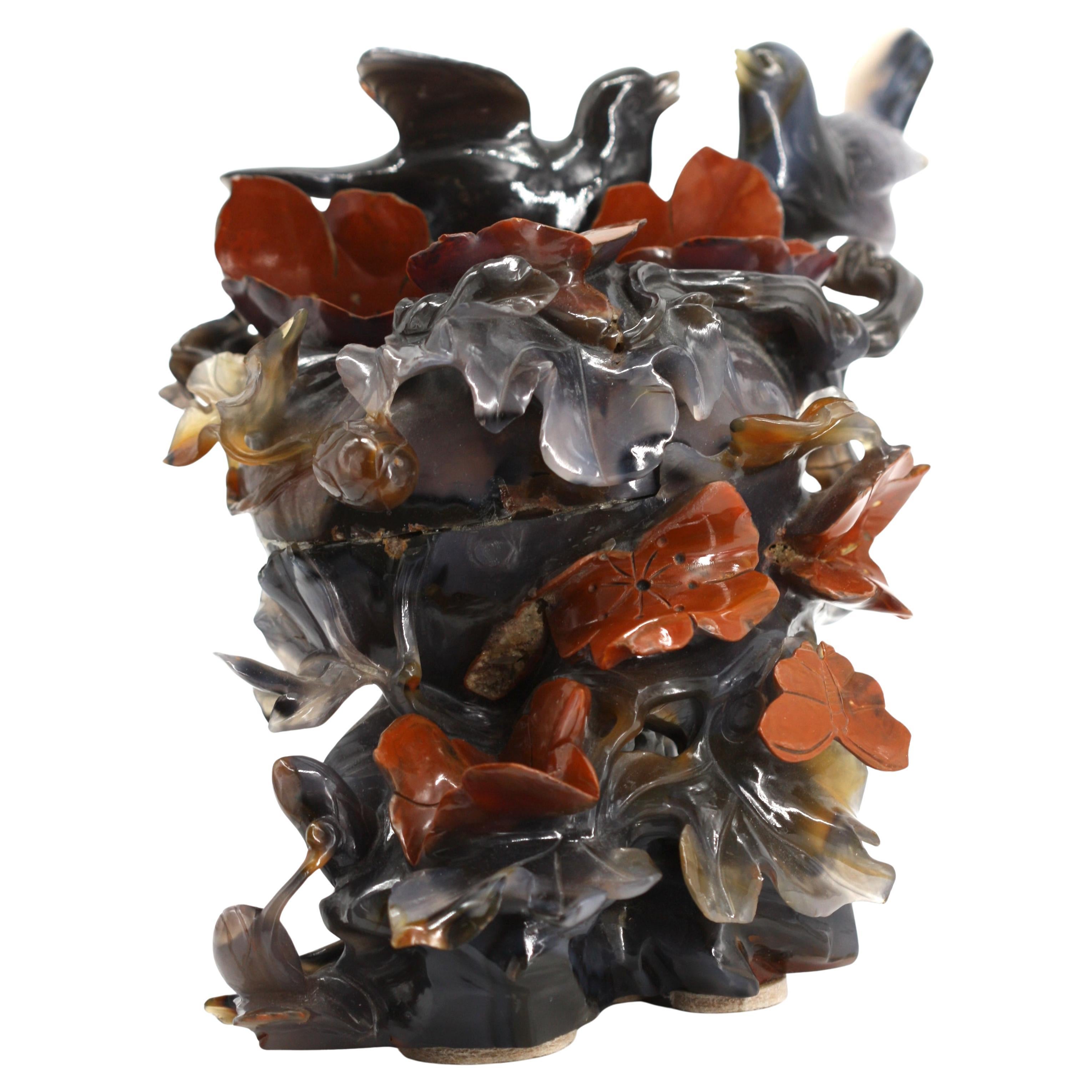 Chinese Carved Agate Birds Atop Foliage Group For Sale