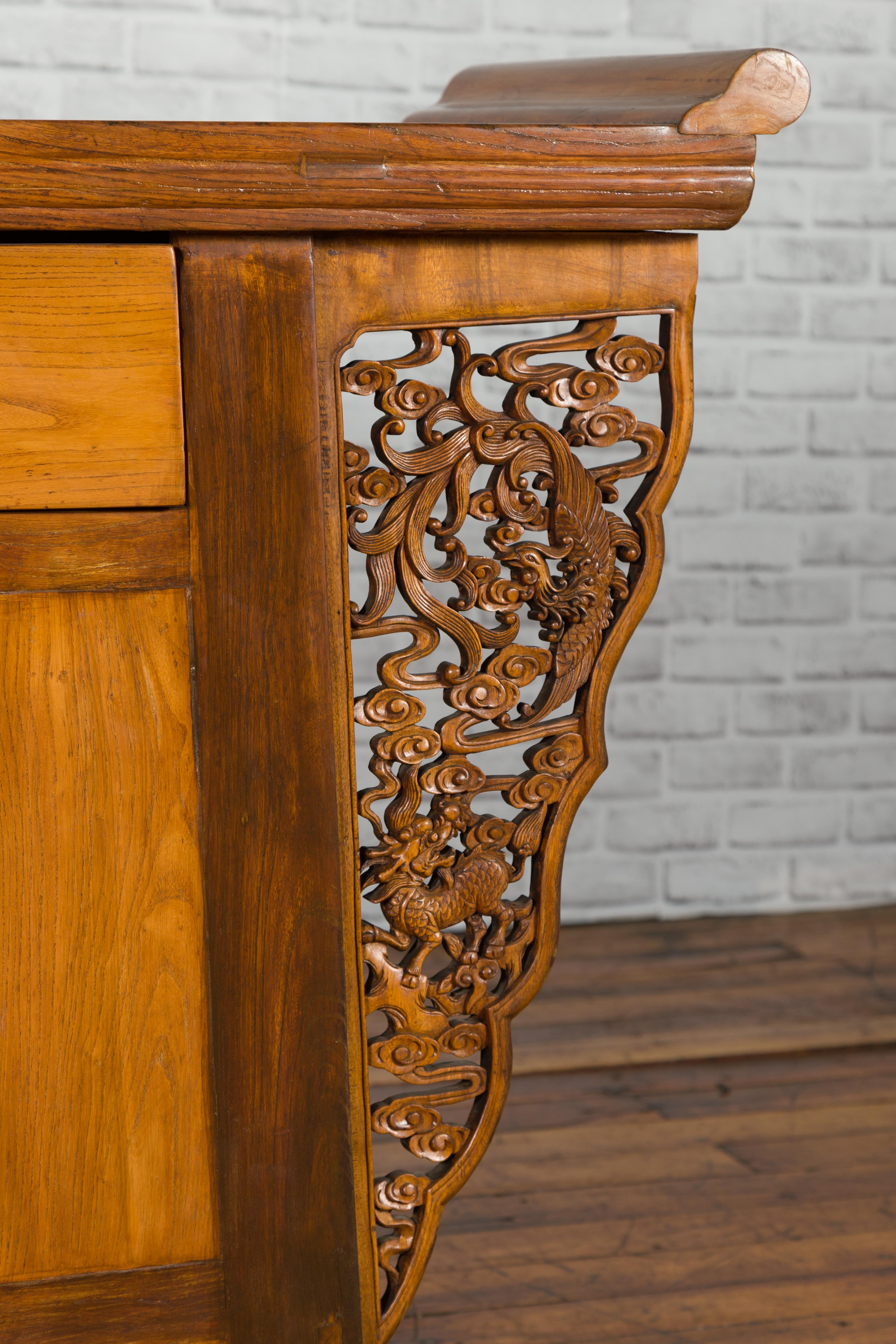 19th Century Chinese Carved Altar Cabinet with Everted Flanges and Carved Mythical Animals