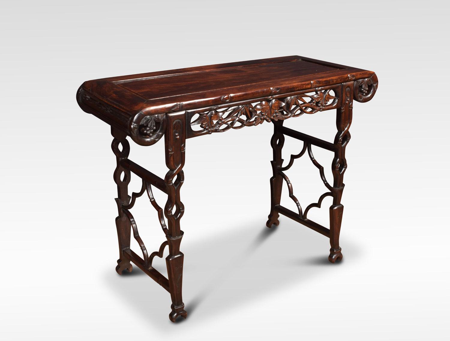 Chinese carved alter table, the large rectangular inset panel top and curved ends above naturalistic scroll carved foliated frieze raised up on carved cross stretcher supports.
Dimensions:
Height 30.5 inches
Width 41 inches
Depth 17 inches.