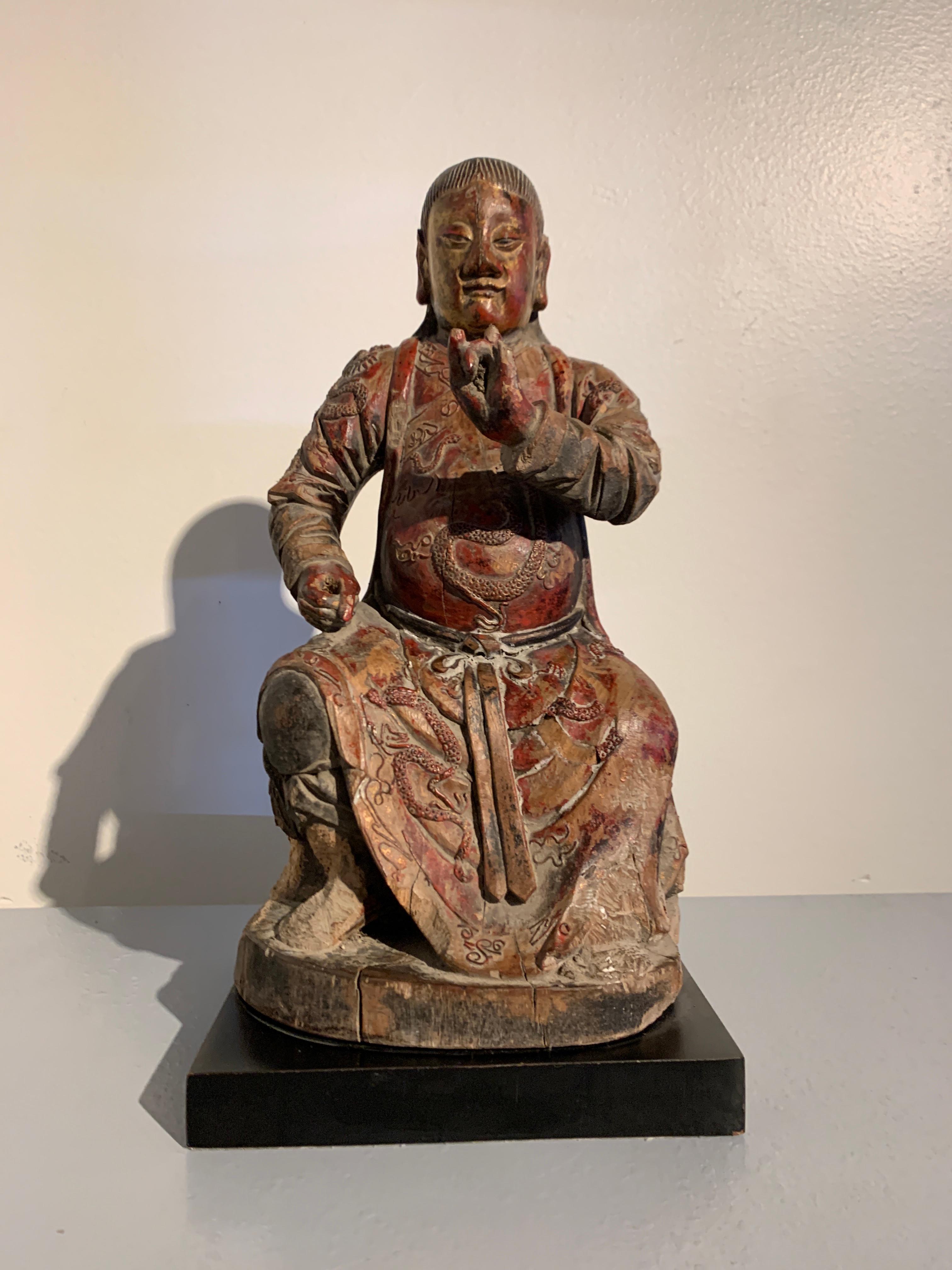 Hand-Carved Chinese Carved and Lacquered Figure of Zhenwu, Qing Dynasty, 19th century, China For Sale