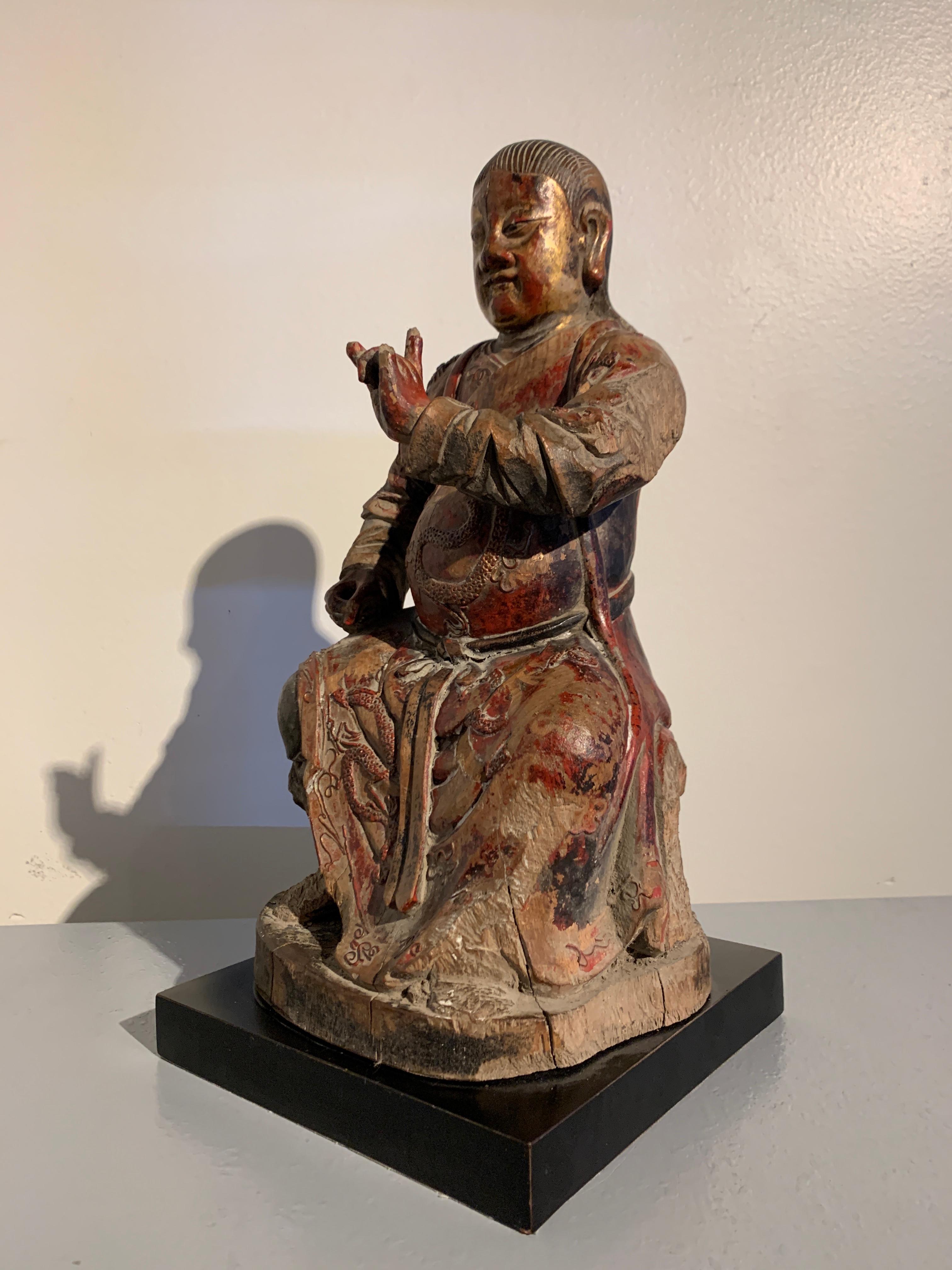 Chinese Carved and Lacquered Figure of Zhenwu, Qing Dynasty, 19th century, China In Fair Condition For Sale In Austin, TX