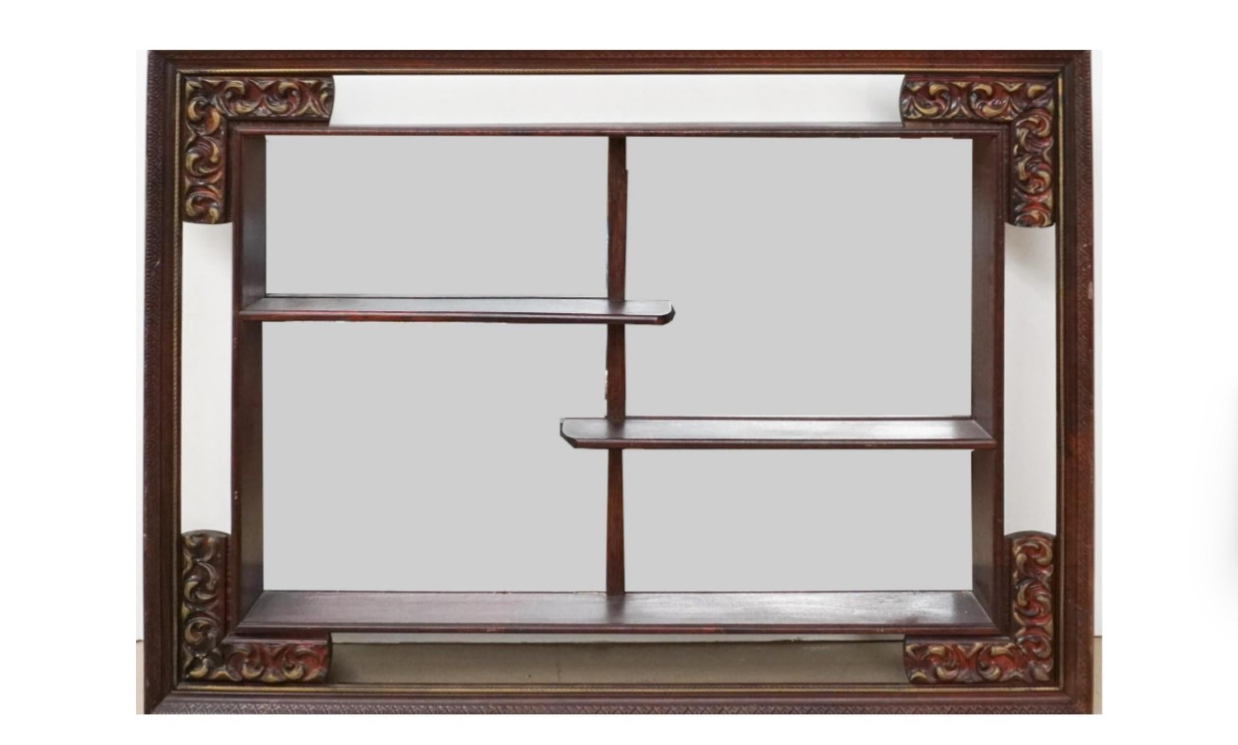 A rare Chinese Carved and Lacquered Wood Framed Mirrored-Back Etagere. Measures 37.25