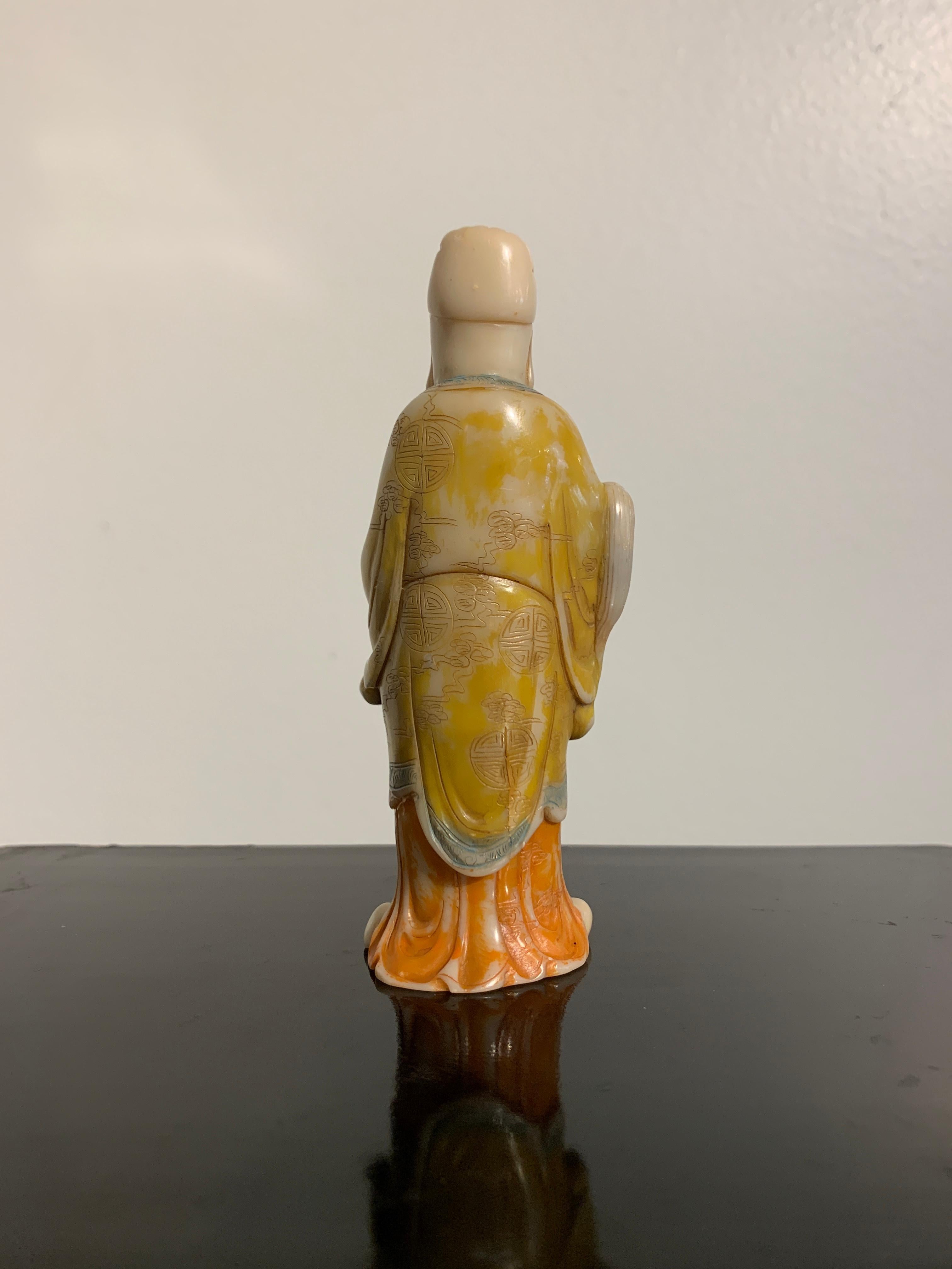 Qing Chinese Carved and Painted Shoushan Soapstone Figure of a Sage, 20th Century