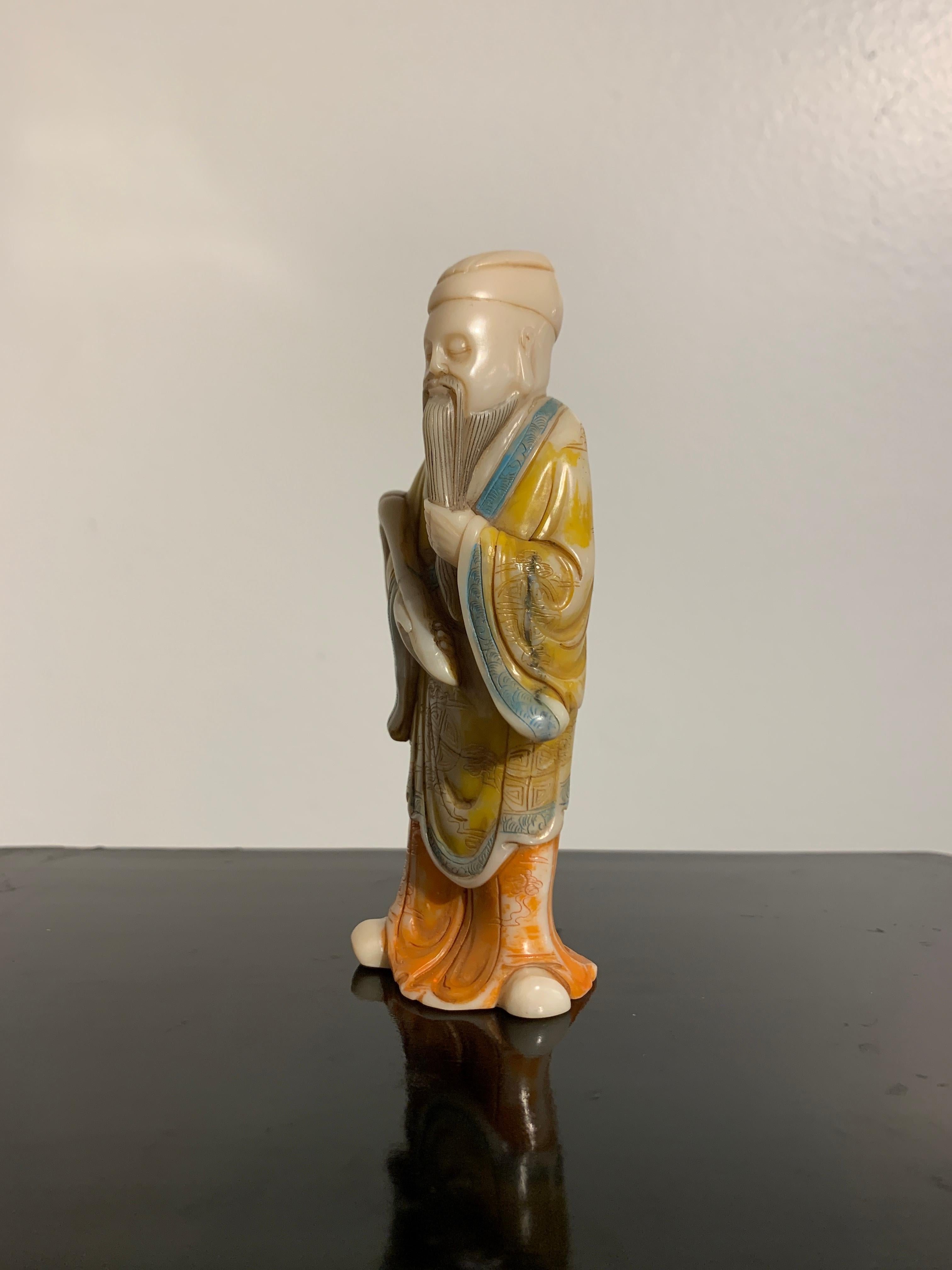Hand-Carved Chinese Carved and Painted Shoushan Soapstone Figure of a Sage, 20th Century