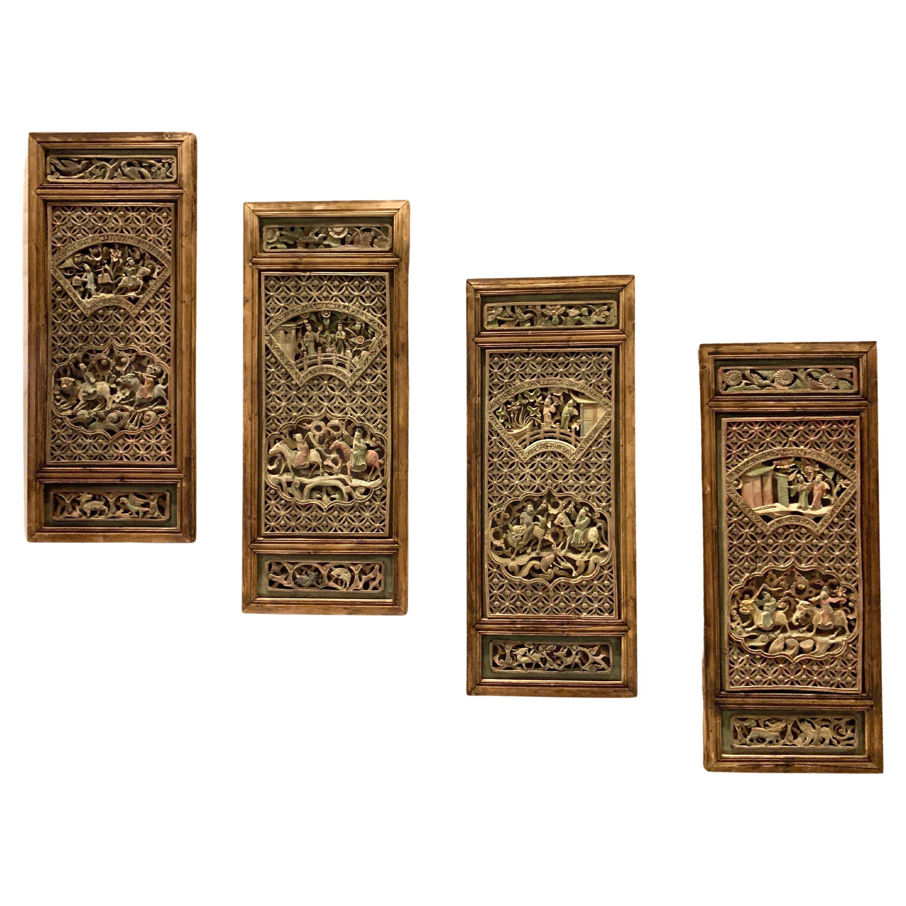 Chinese Carved and Painted Window Screen Panels, Set of Four, 19th Century