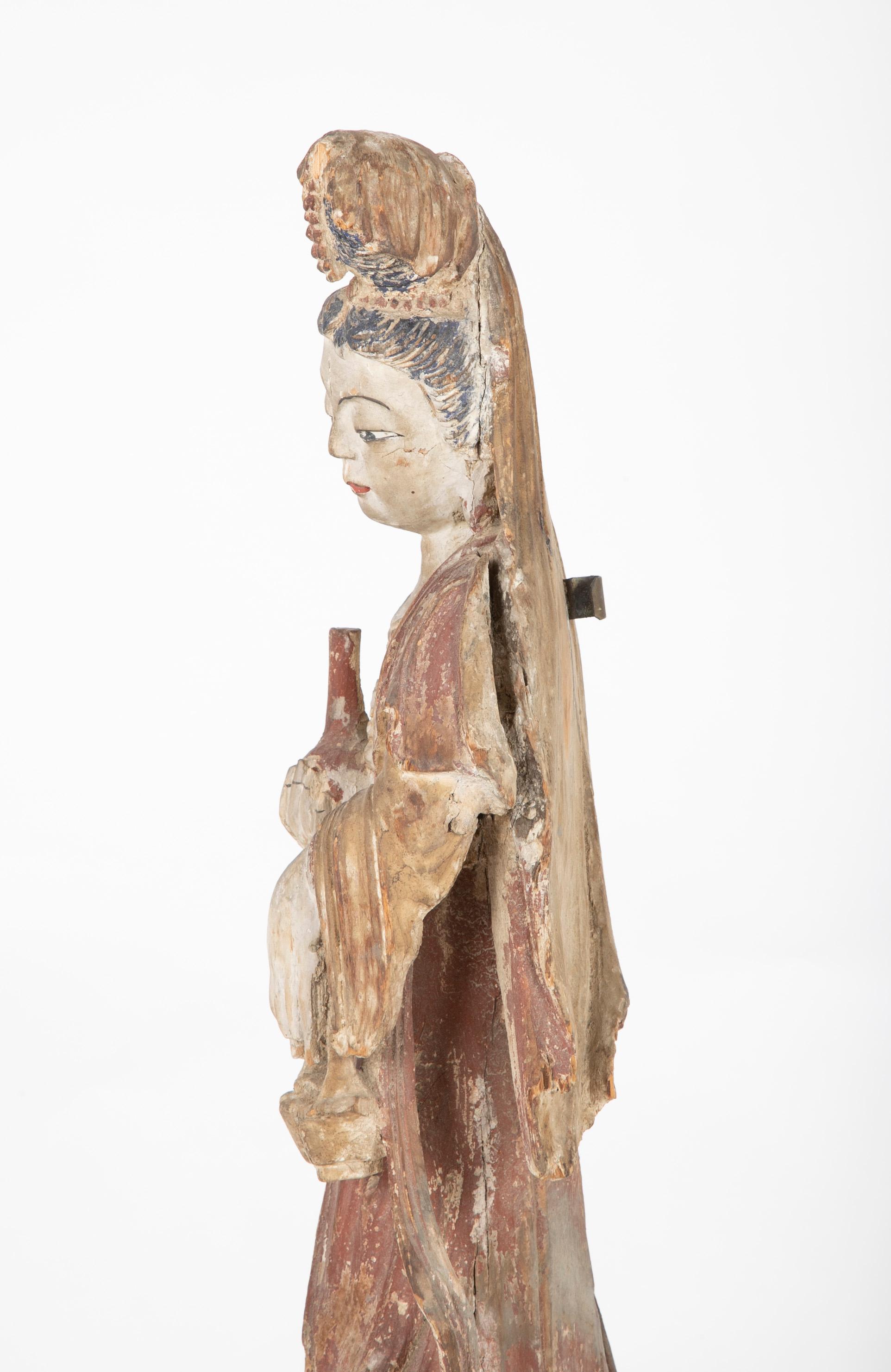 Chinese Carved and Painted Wood Sculpture of Guanyin For Sale 5