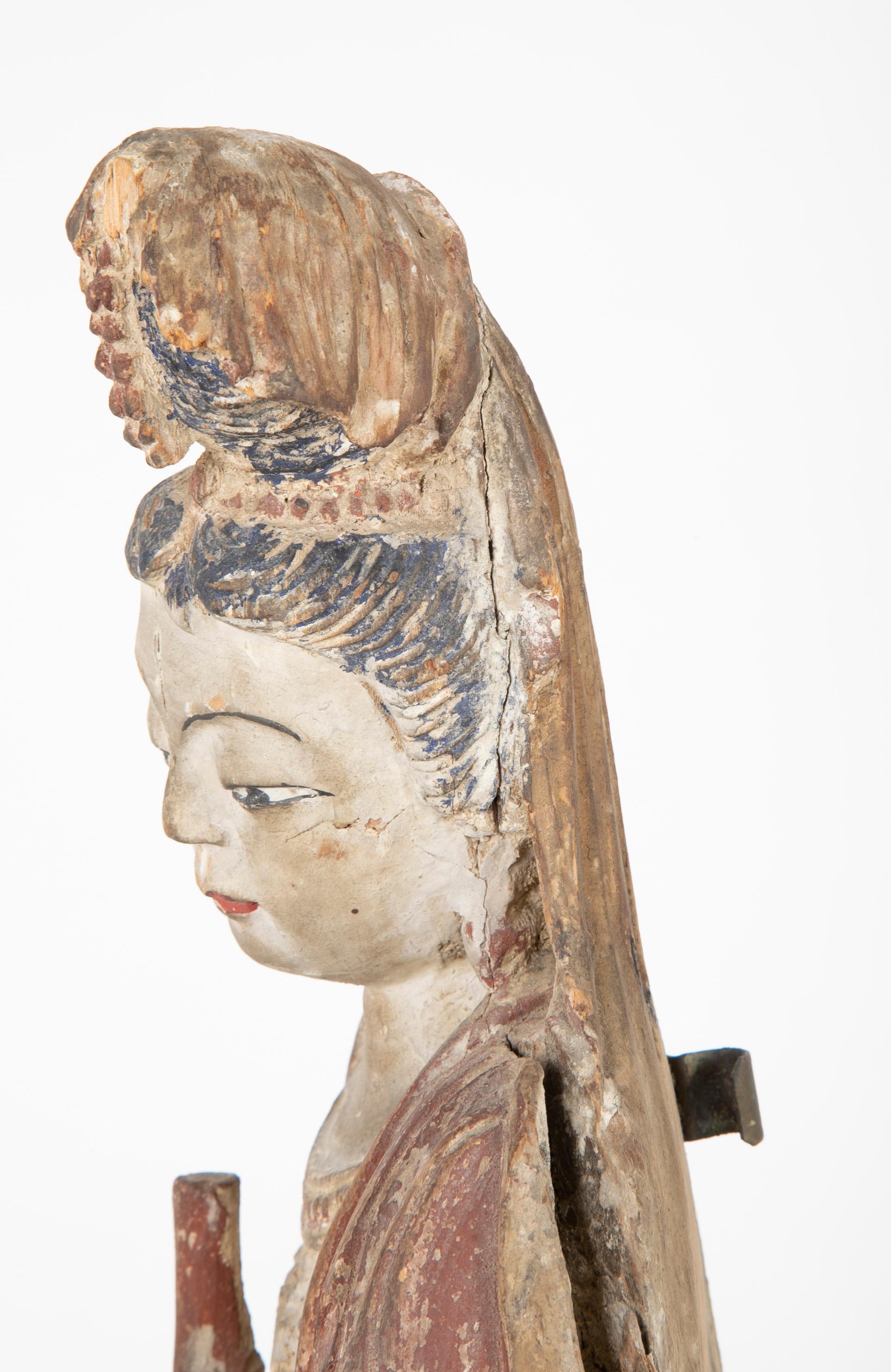 Chinese Carved and Painted Wood Sculpture of Guanyin For Sale 6