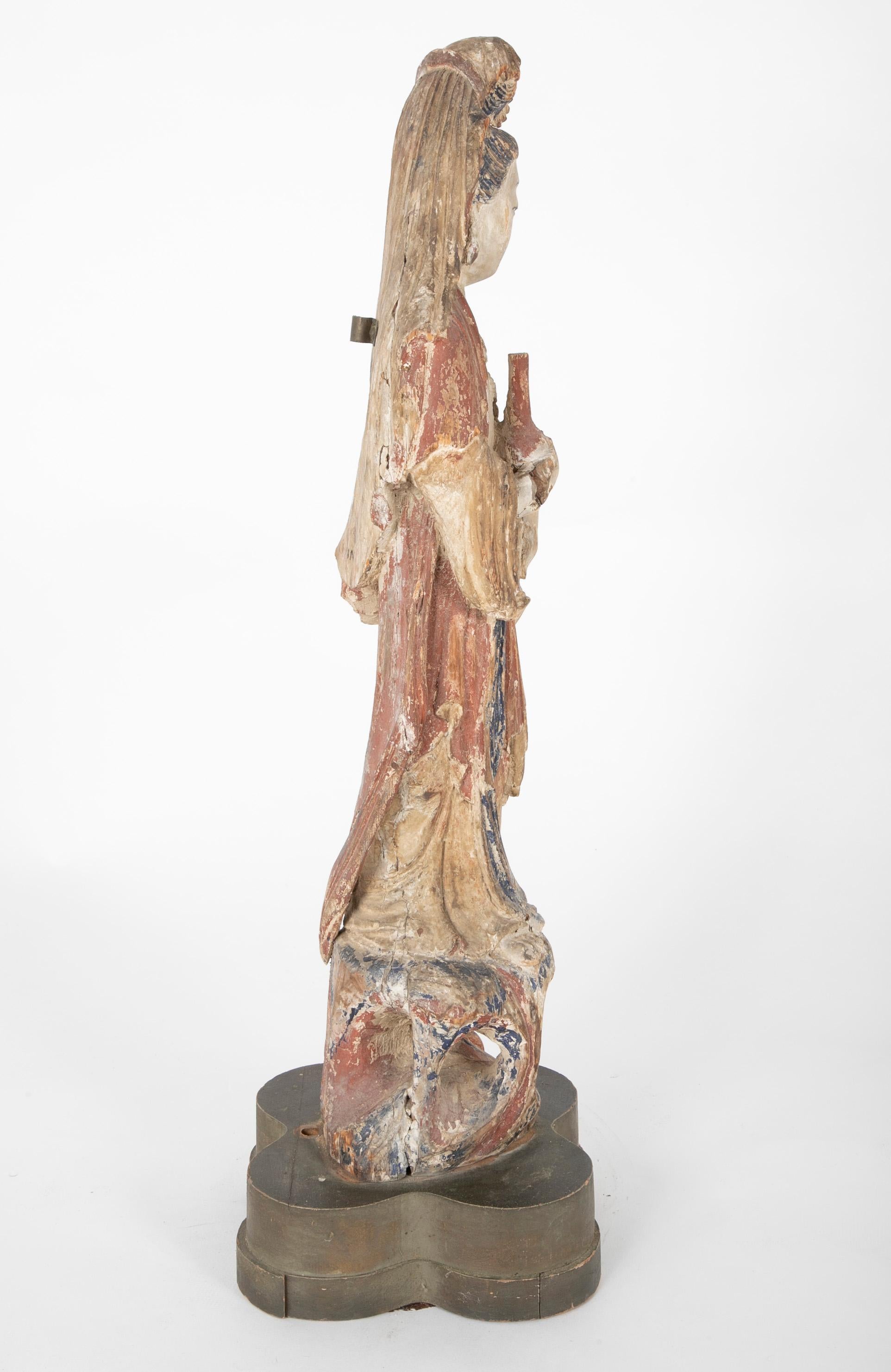 Chinese Carved and Painted Wood Sculpture of Guanyin For Sale 9