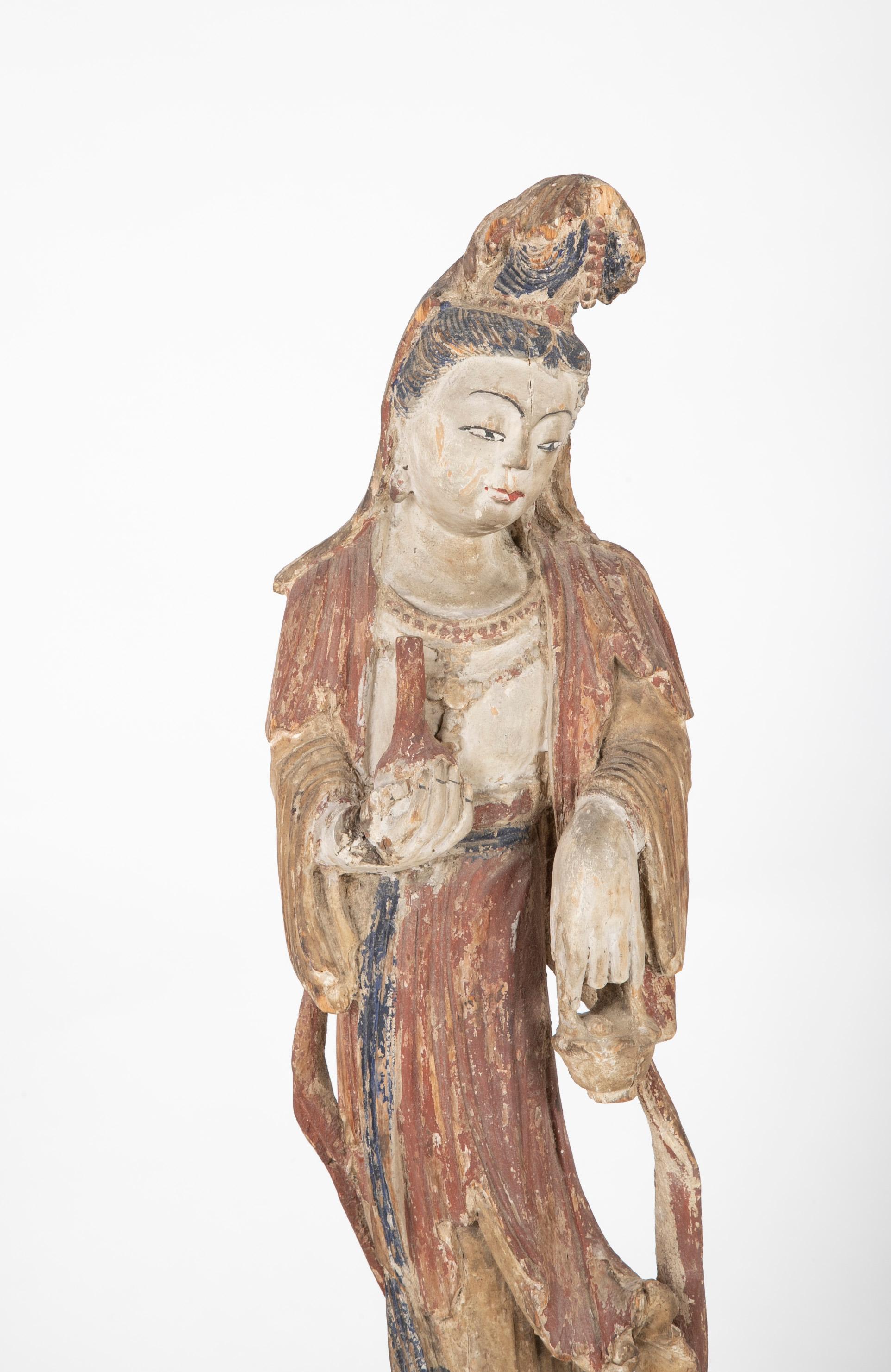 Ming Chinese Carved and Painted Wood Sculpture of Guanyin For Sale