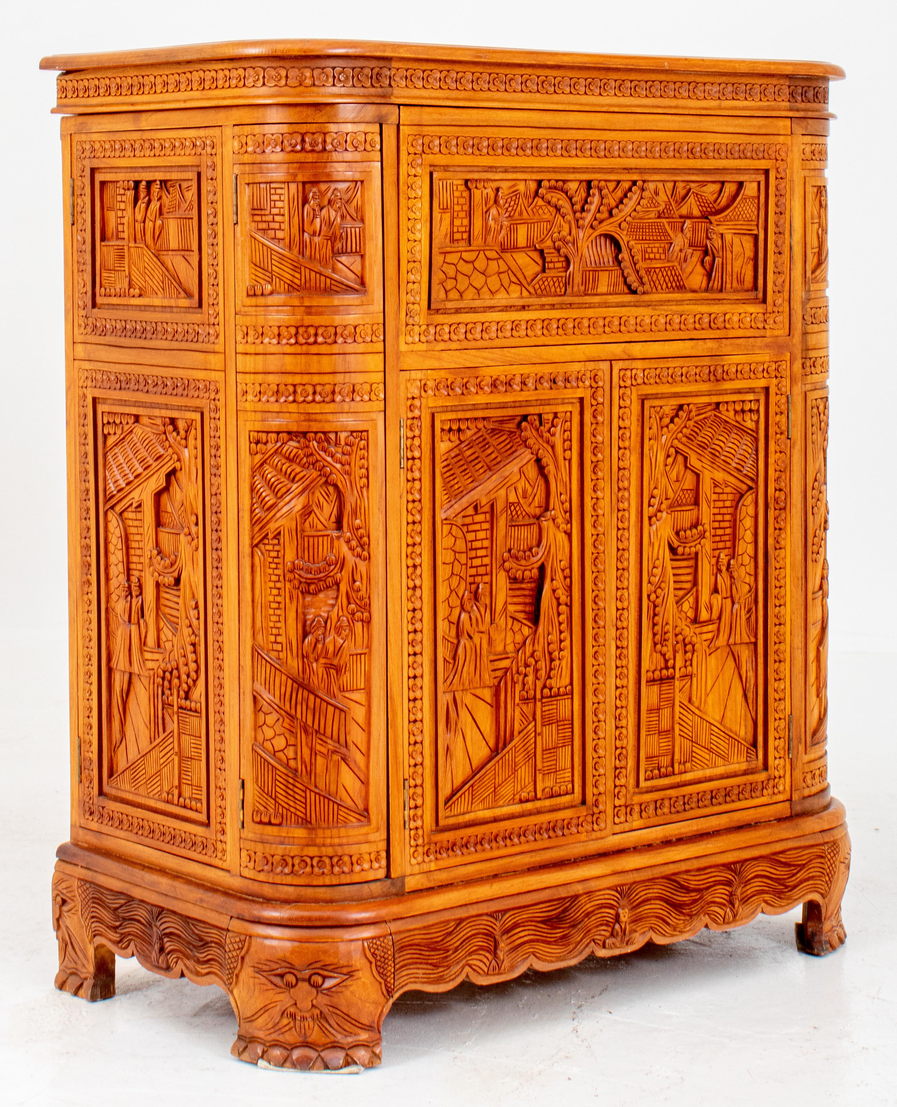 Chinese Carved Aromatic Wood Cocktail Cabinet In Good Condition In New York, NY