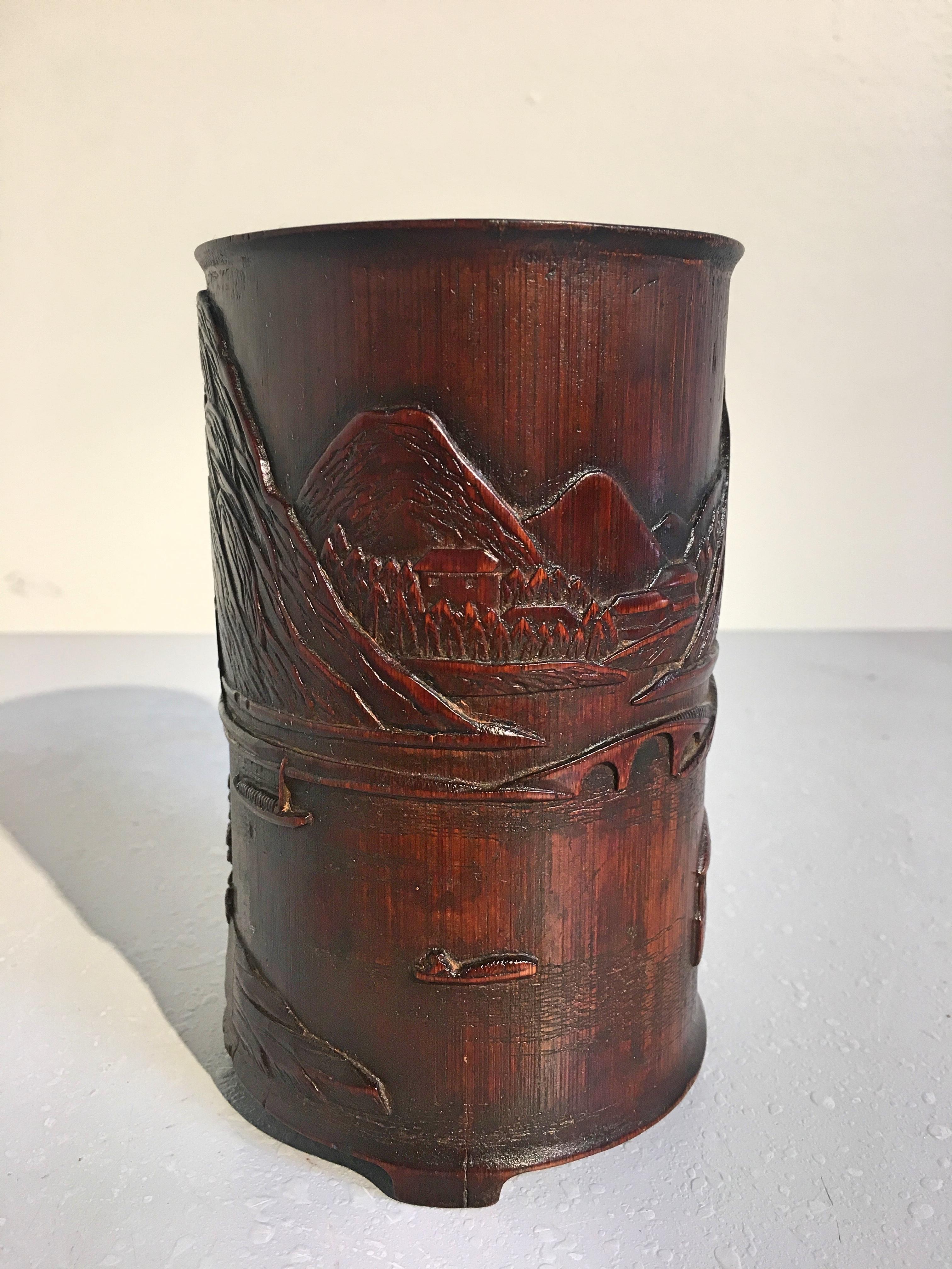Qing Chinese Carved Bamboo Brushpot, Bitong, 17th Century