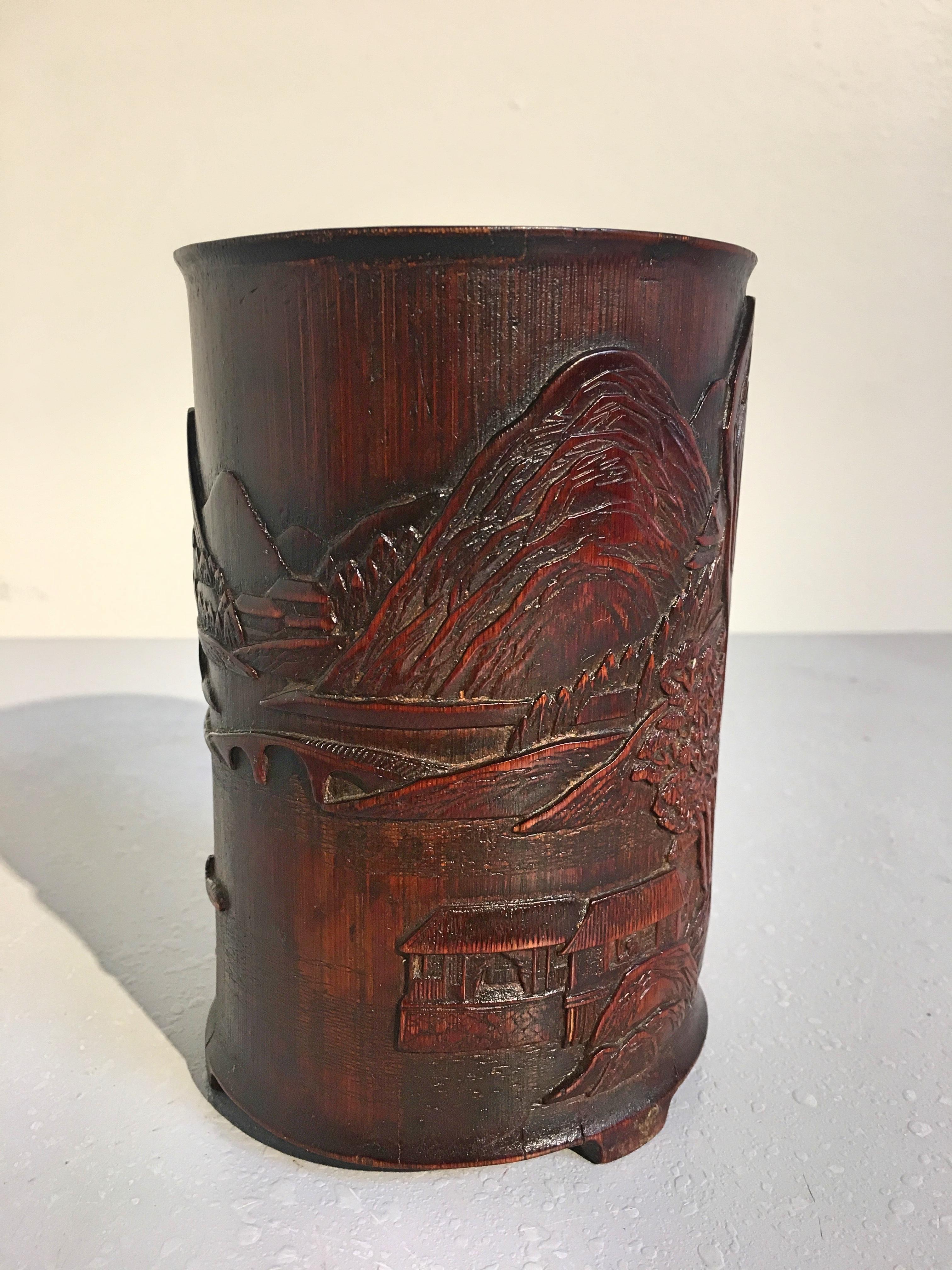 Hand-Carved Chinese Carved Bamboo Brushpot, Bitong, 17th Century