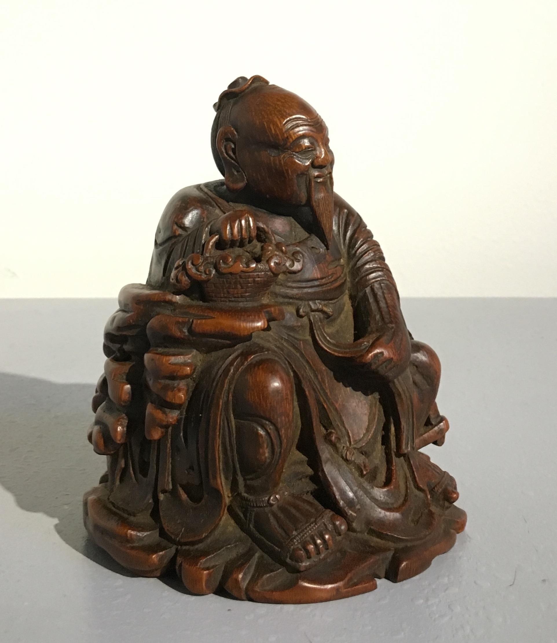 Hand-Carved Chinese Carved Bamboo Figure of a Sage, Qing Dynasty, 18th Century For Sale