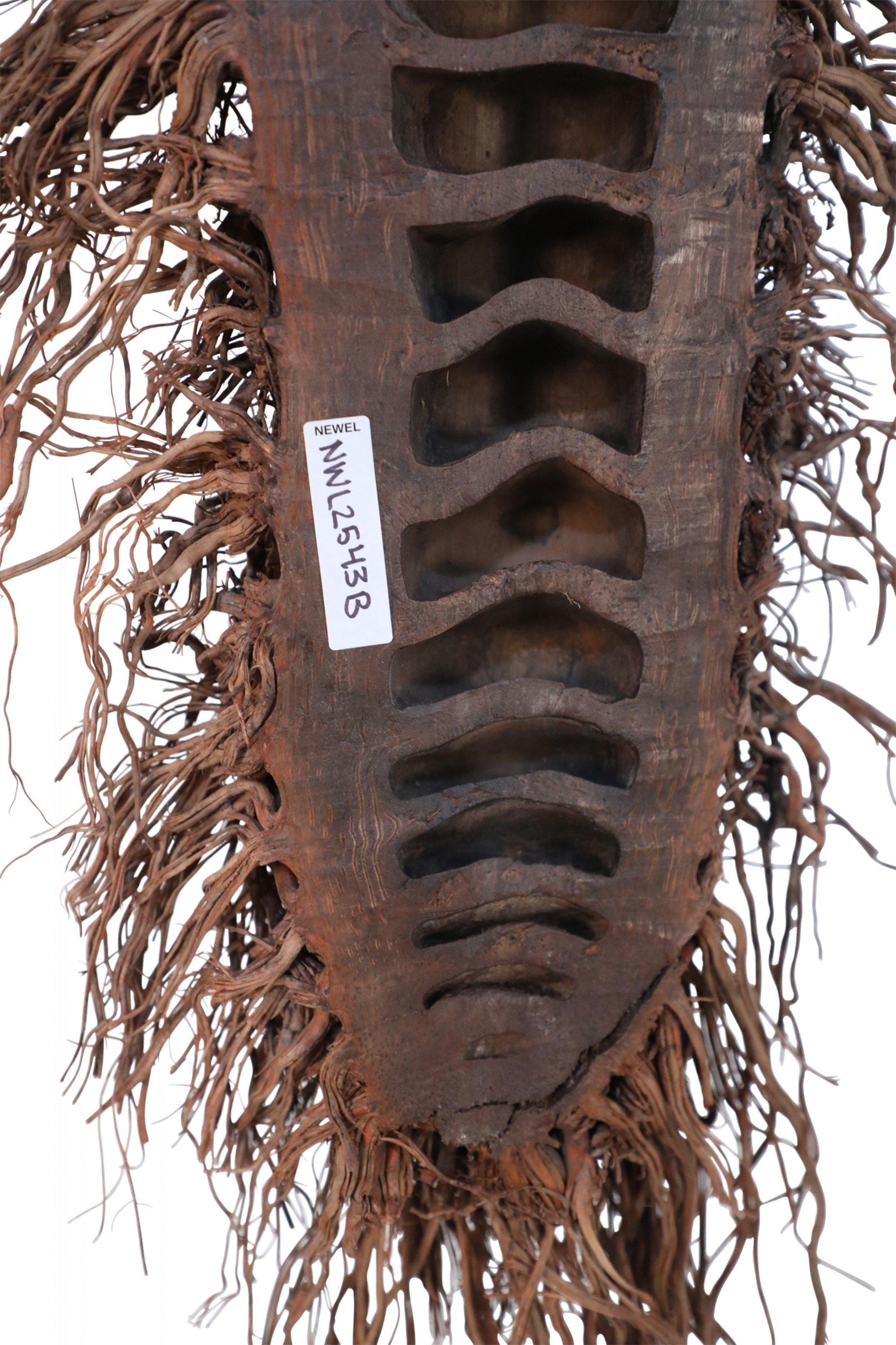 Chinese wall plaque made from a bamboo root carved in the shape of a smiling face with a bamboo root fiber beard. (Companion pieces: NWL2543A-G).   
  