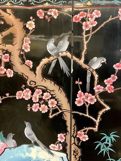 Chinese Carved Black Lacquered Four-Panel Screen Room Divider