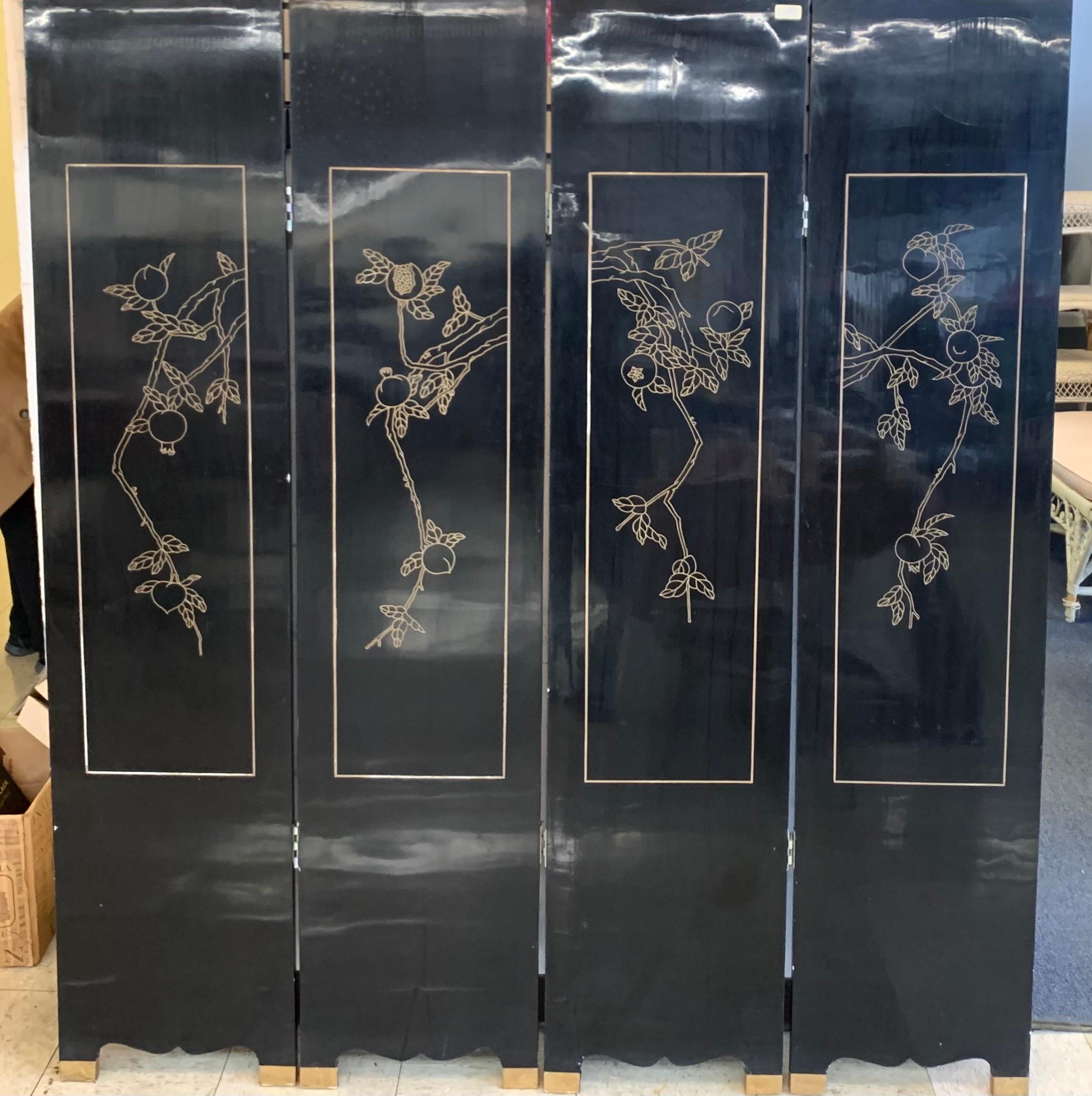 Wood Chinese Carved Black Lacquered Four-Panel Screen Room Divider