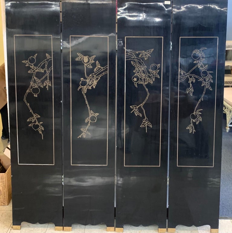 Chinese Carved Black Lacquered Four-Panel Screen Room Divider For Sale 1