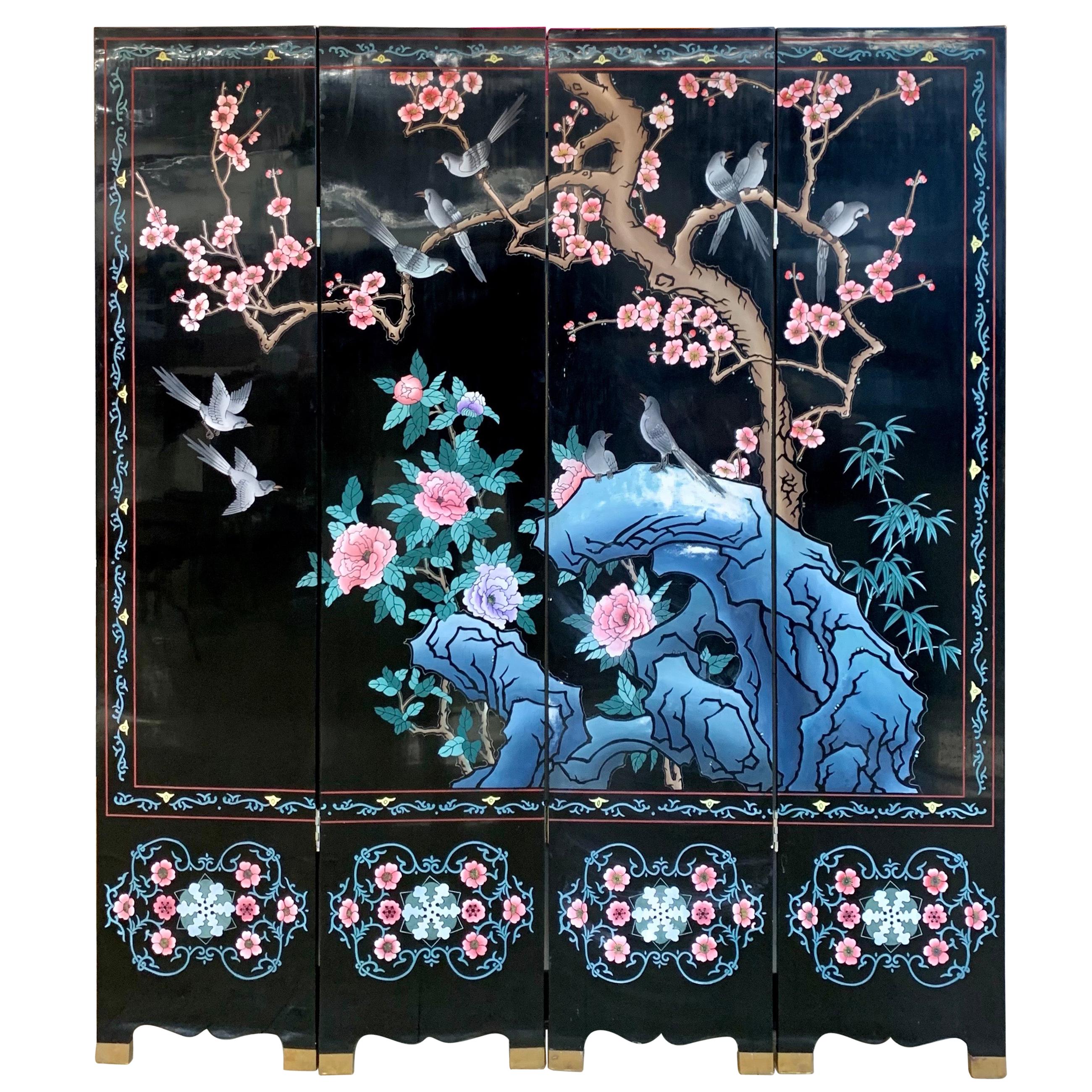 Chinese Carved Black Lacquered Four-Panel Screen Room Divider