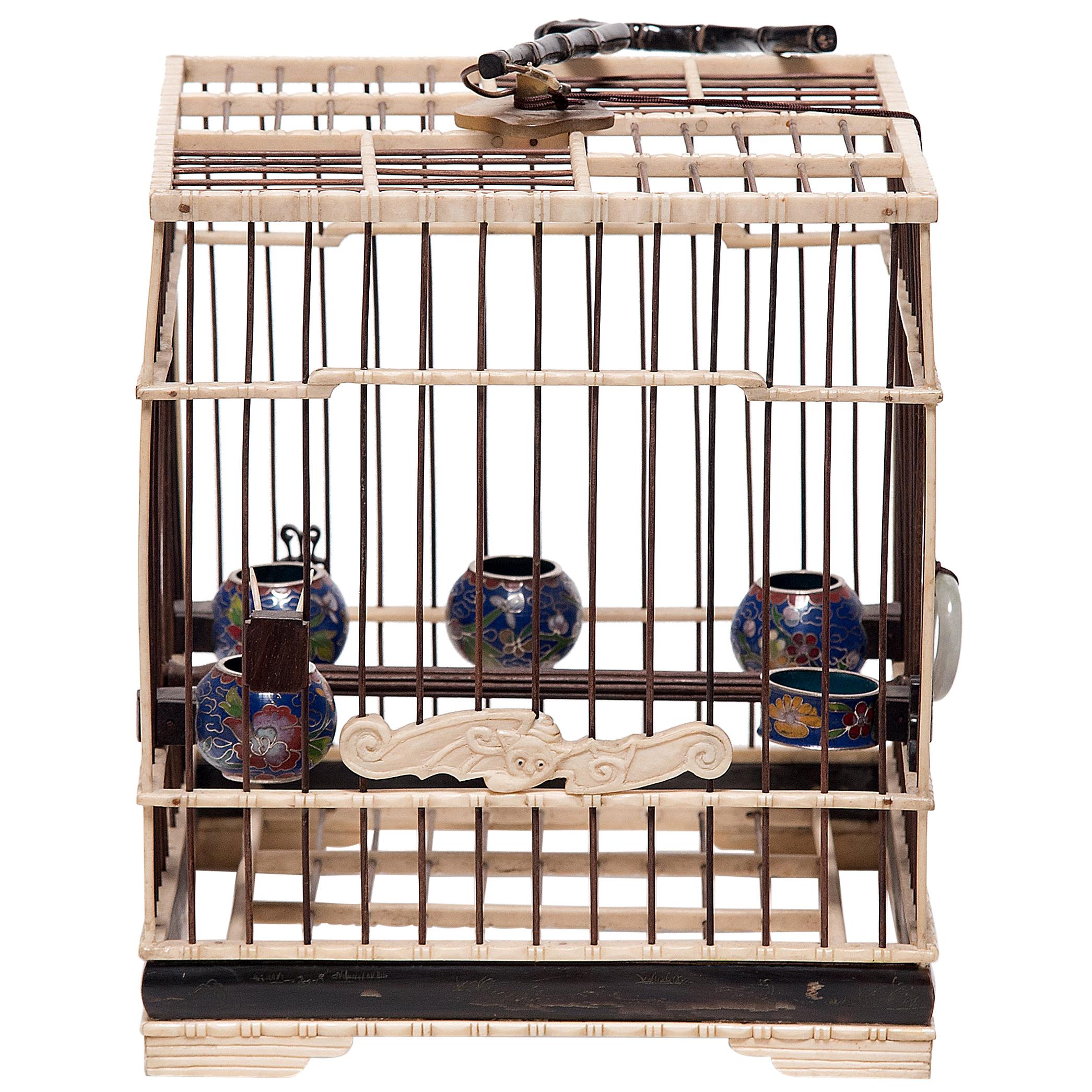 Chinese Carved Bone Birdcage with Cloisonné Waterpots, circa 1850