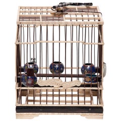 Antique Chinese Carved Bone Birdcage with Cloisonné Waterpots, circa 1850