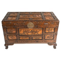 Chinese Carved Camphor Chest Luggage Trunk Antique