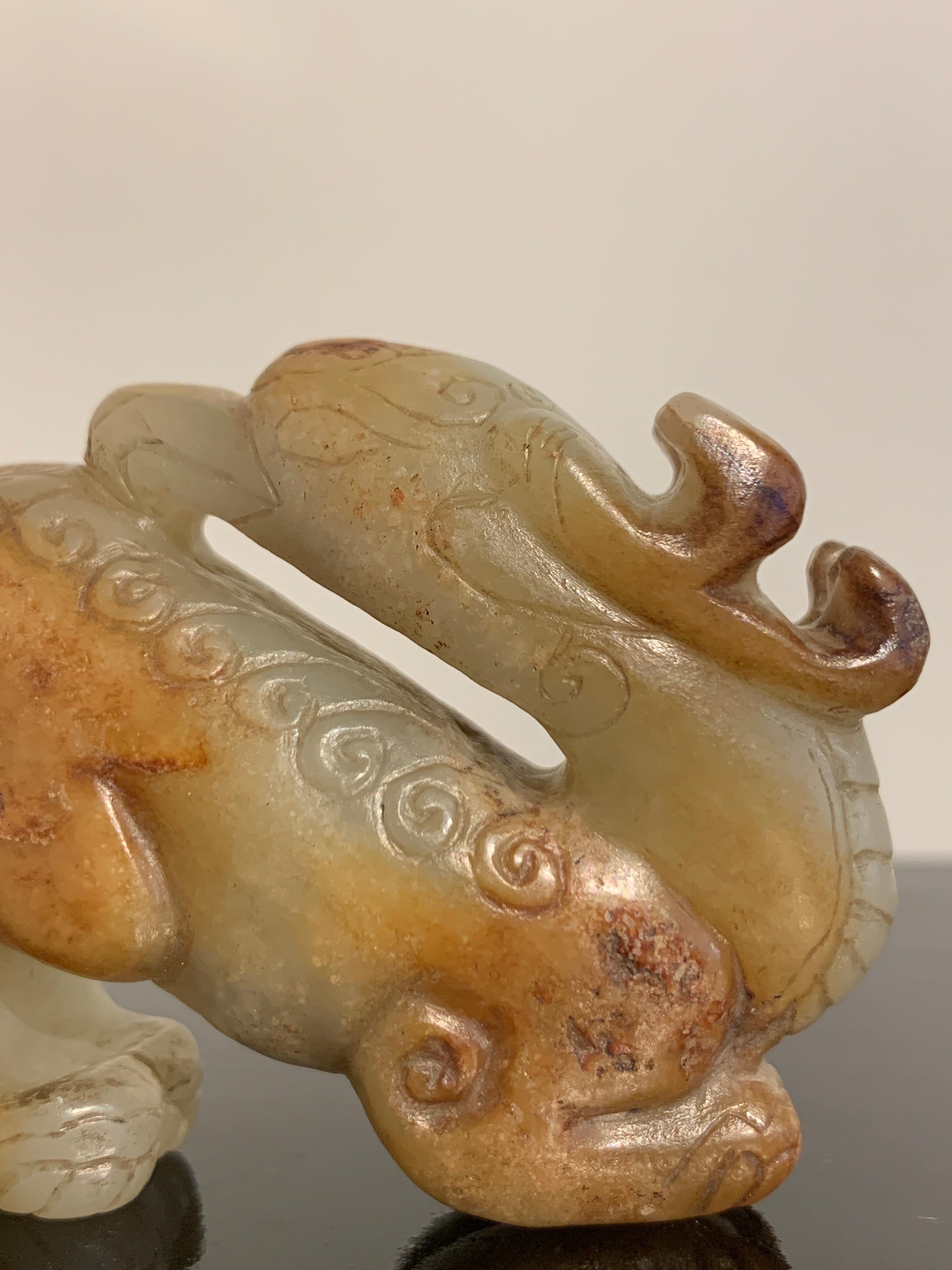Chinese Carved Celadon and Russet Jade Mythical Animal, Ming Dynasty or Earlier For Sale 2