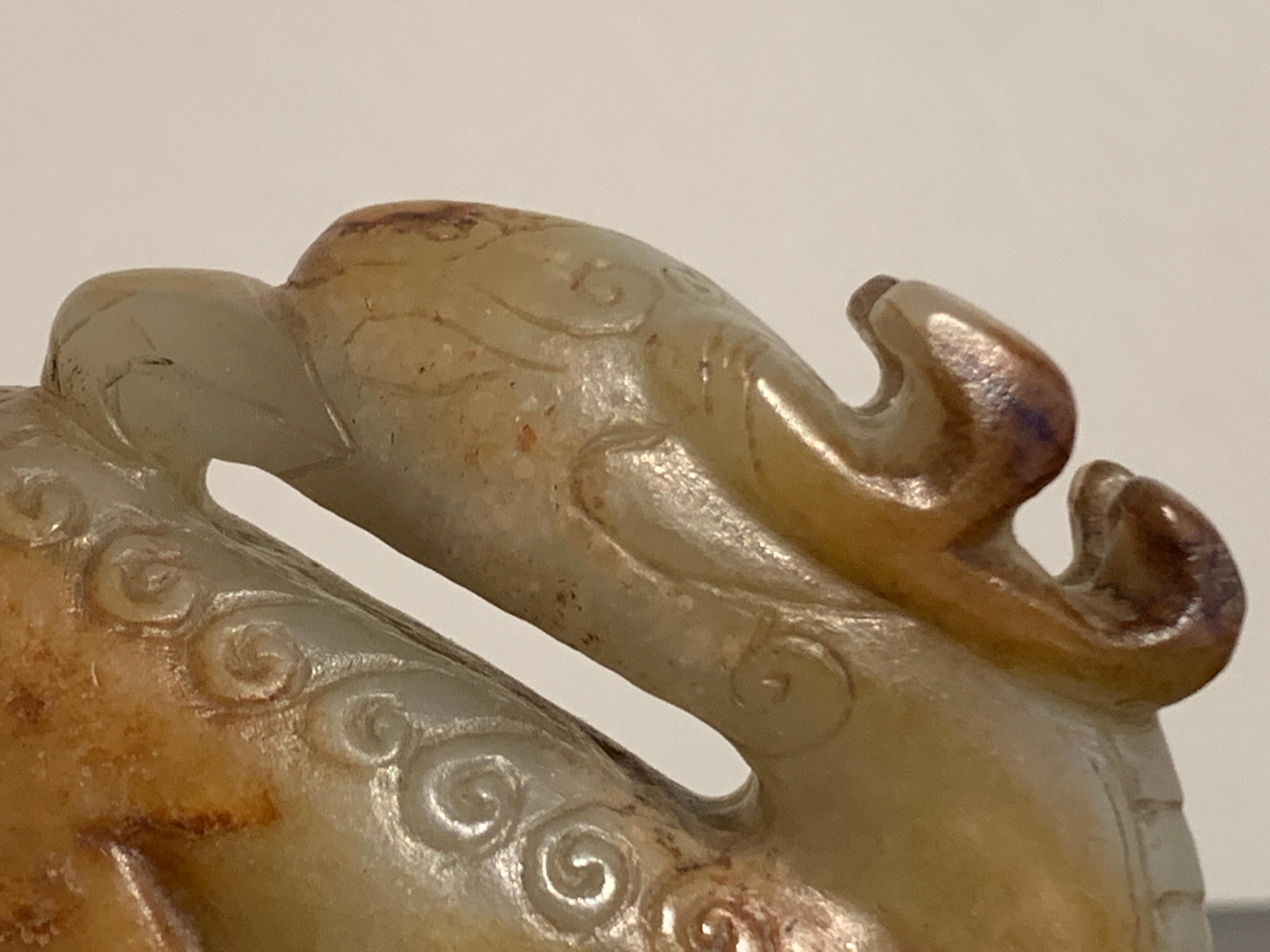 Chinese Carved Celadon and Russet Jade Mythical Animal, Ming Dynasty or Earlier For Sale 4