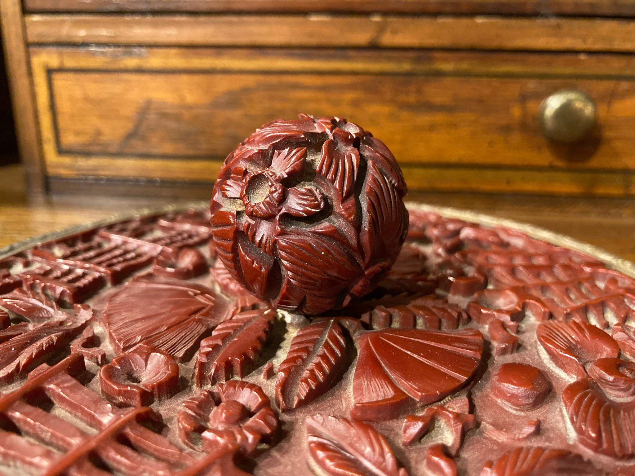 Lacquer Chinese Carved Cinnabar and Brass Hand Mirror For Sale