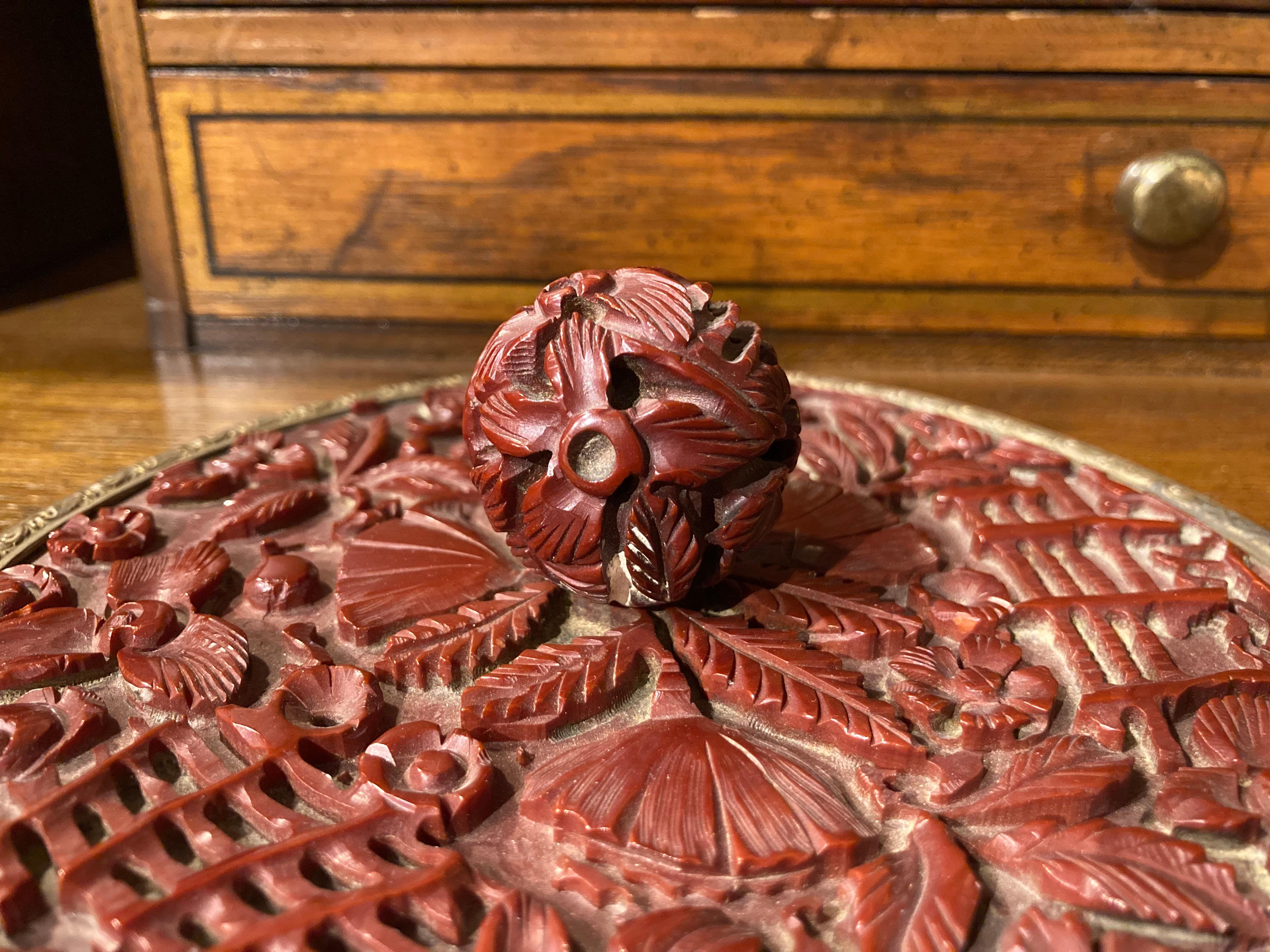 Chinese Carved Cinnabar and Brass Hand Mirror For Sale 2