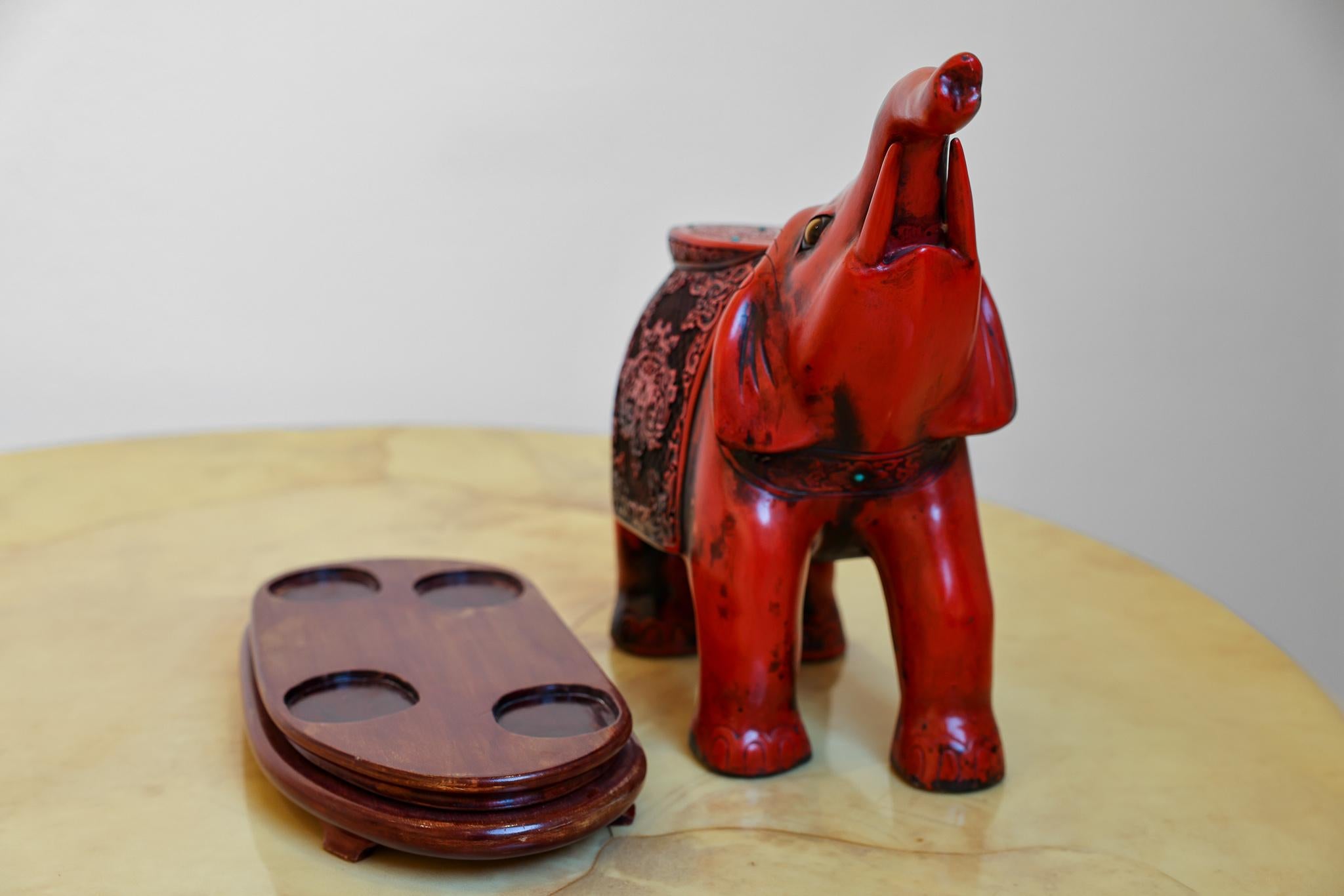 Chinese Carved Cinnabar Elephant with Semi Precious Stones 4