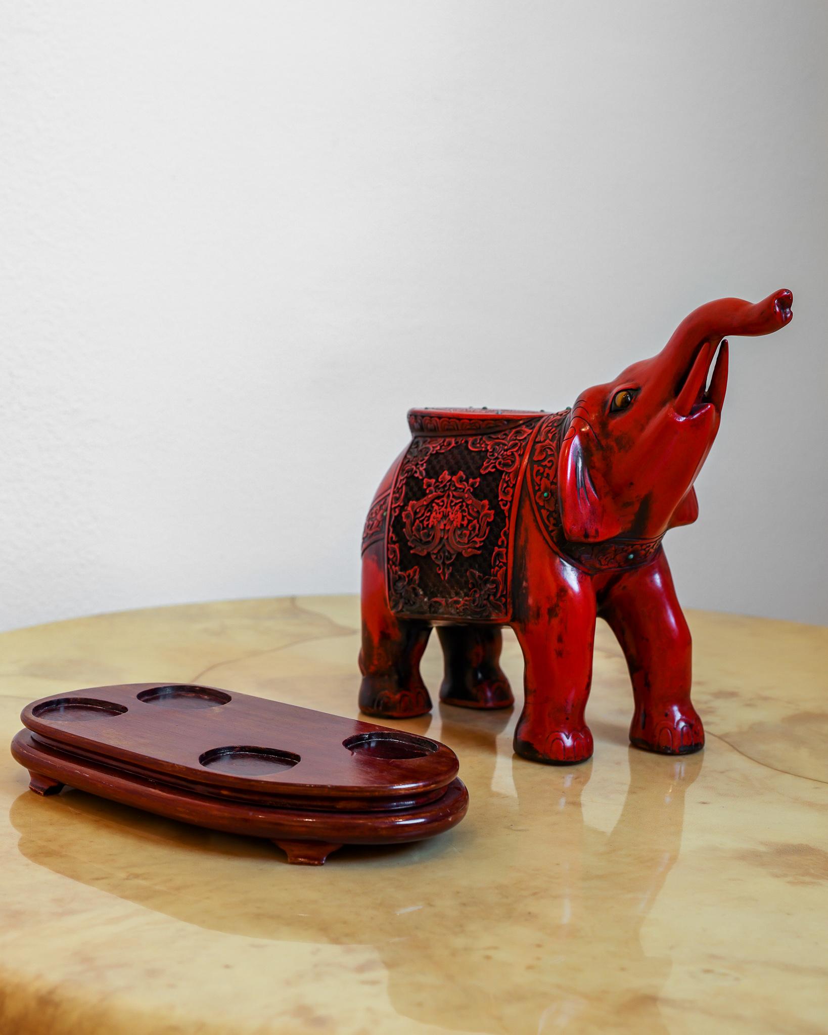 Chinese Carved Cinnabar Elephant with Semi Precious Stones 5