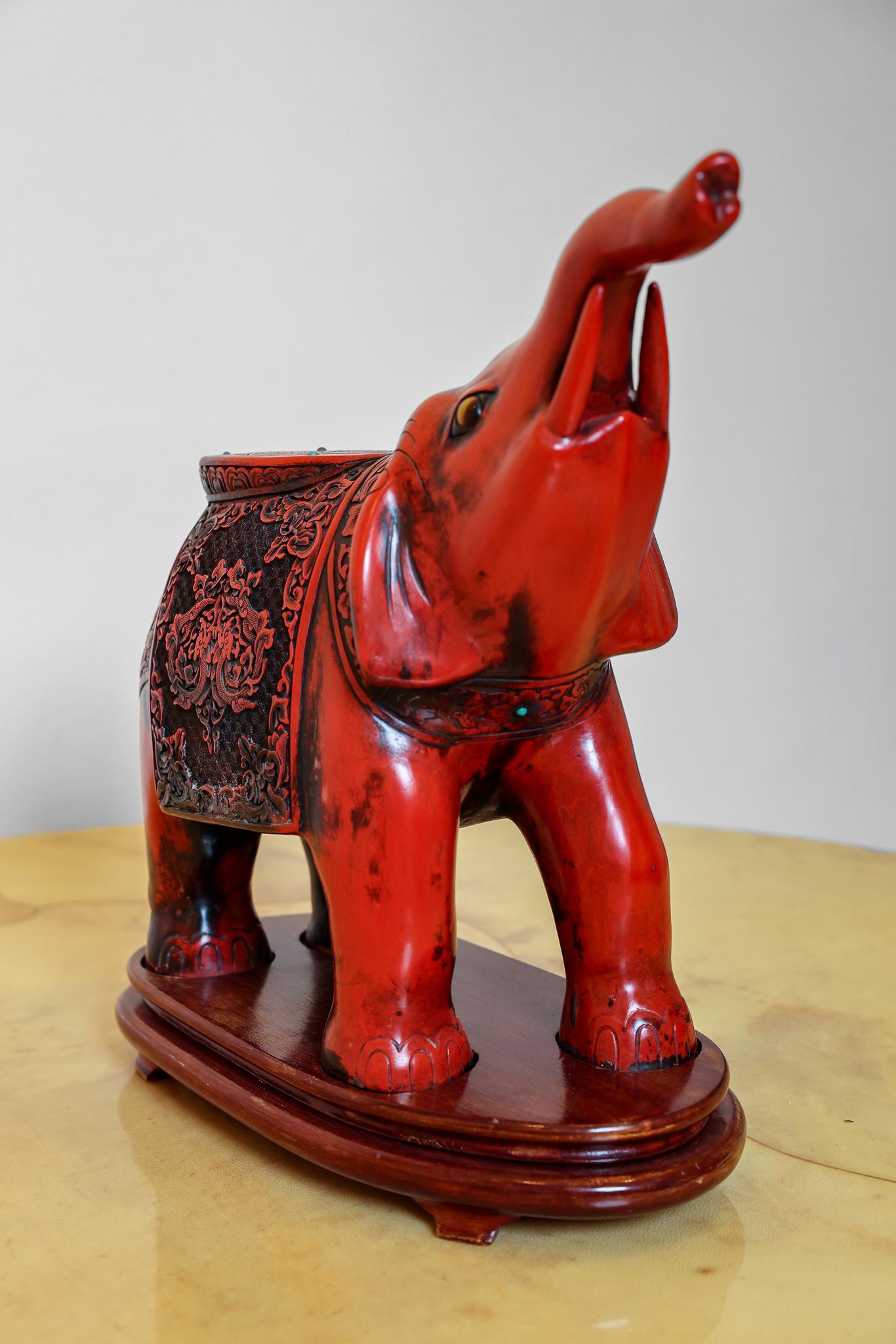 Hand-Carved Chinese Carved Cinnabar Elephant with Semi Precious Stones
