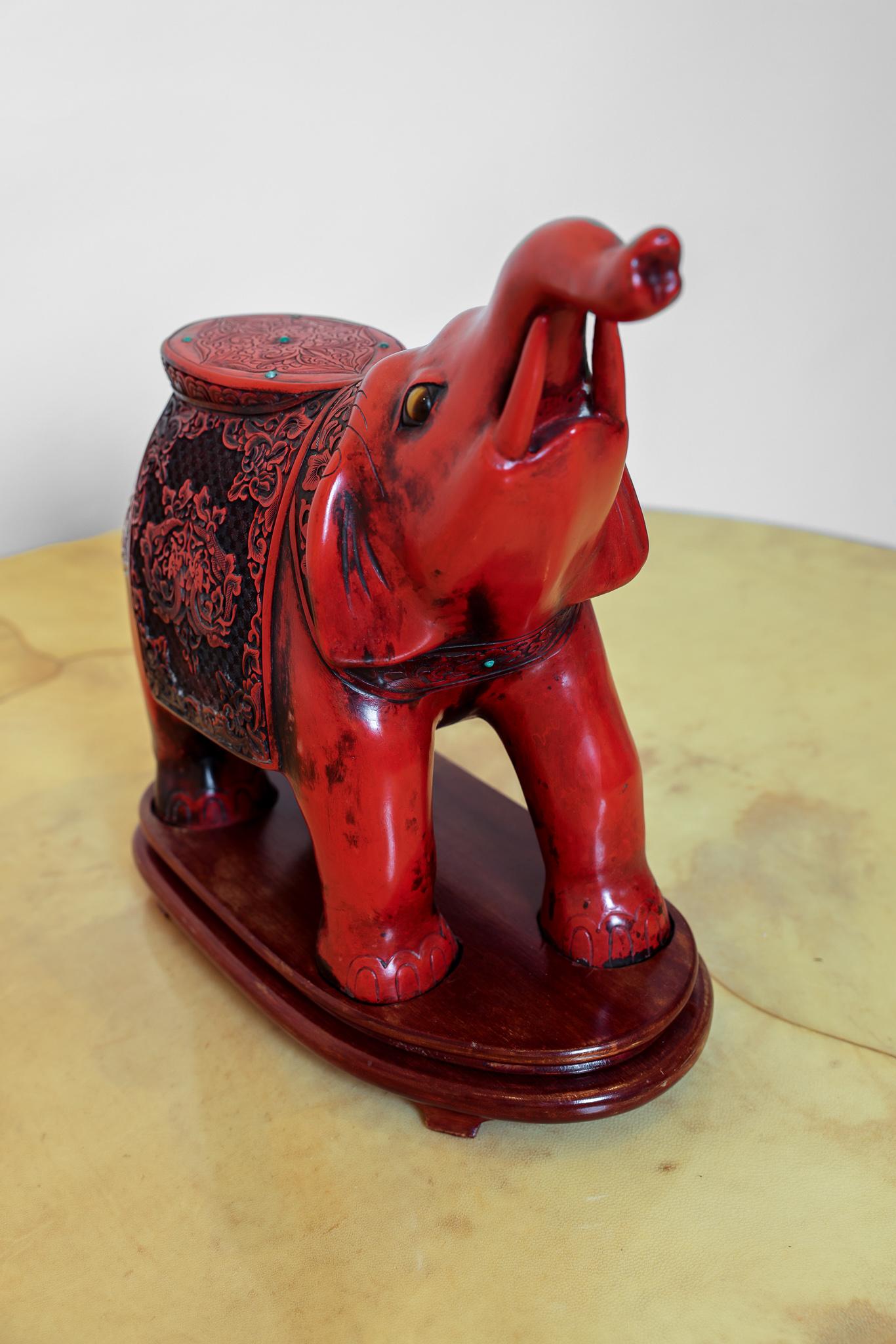Chinese Carved Cinnabar Elephant with Semi Precious Stones In Good Condition In Palm Desert, CA