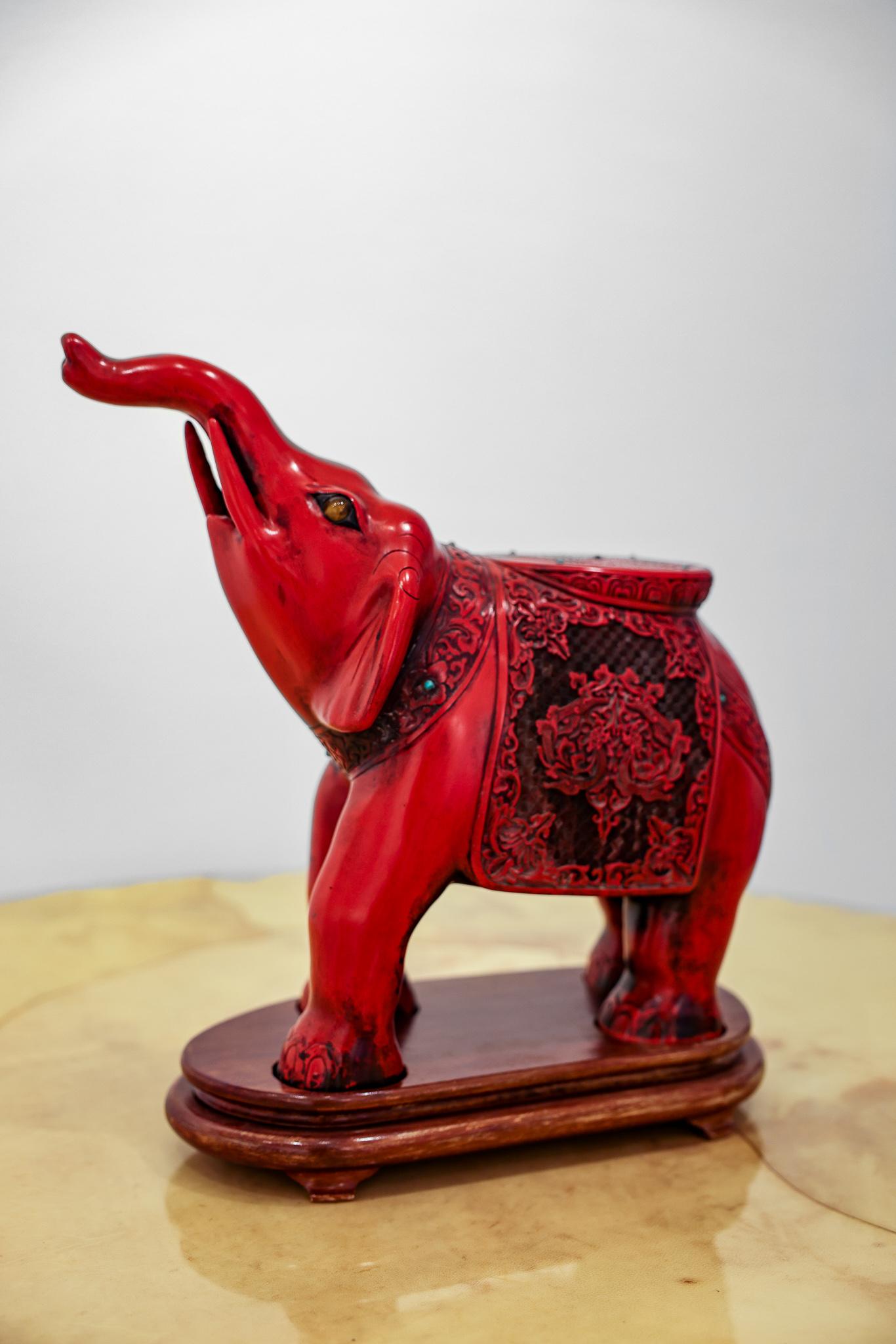 Mid-20th Century Chinese Carved Cinnabar Elephant with Semi Precious Stones
