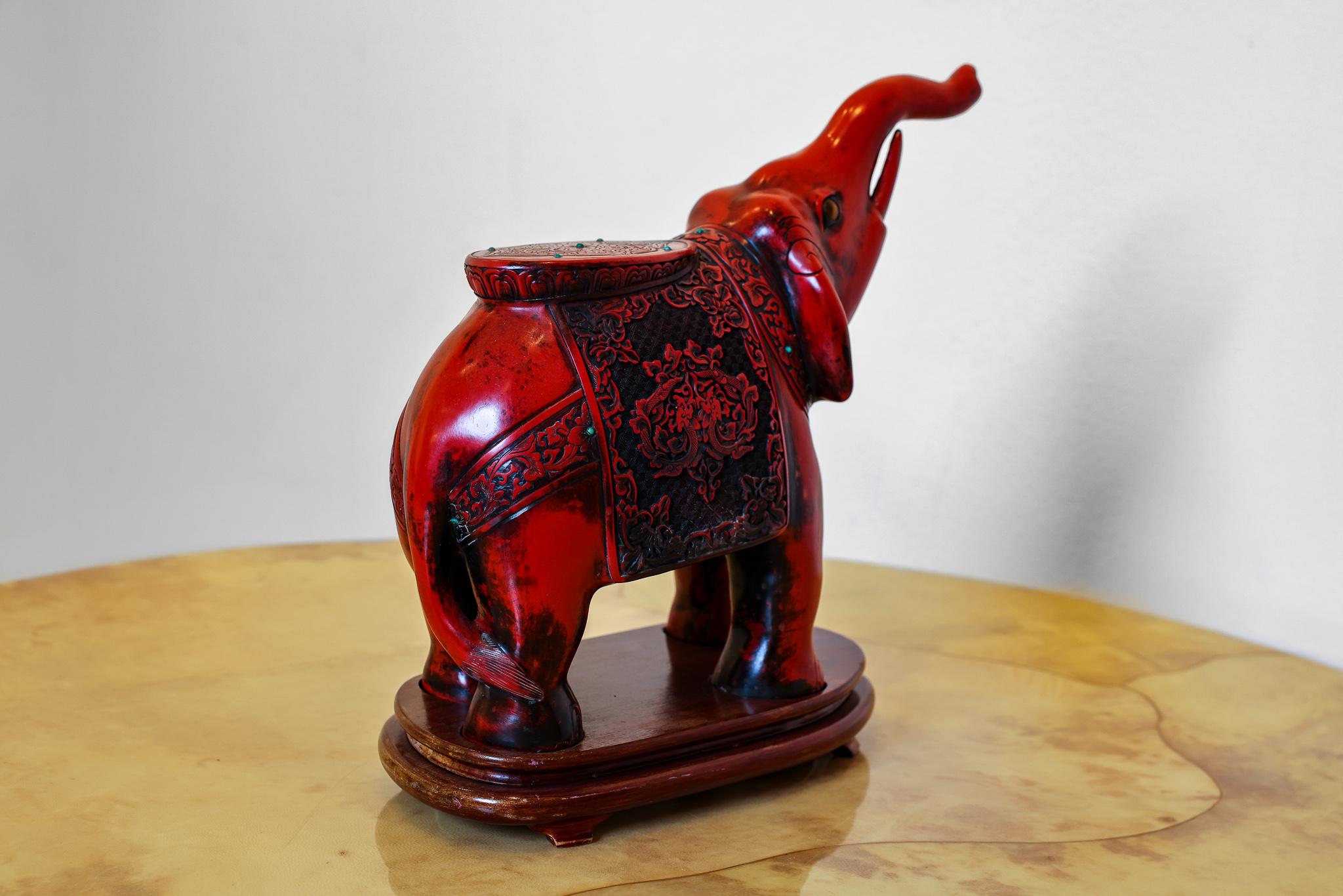 Lacquer Chinese Carved Cinnabar Elephant with Semi Precious Stones