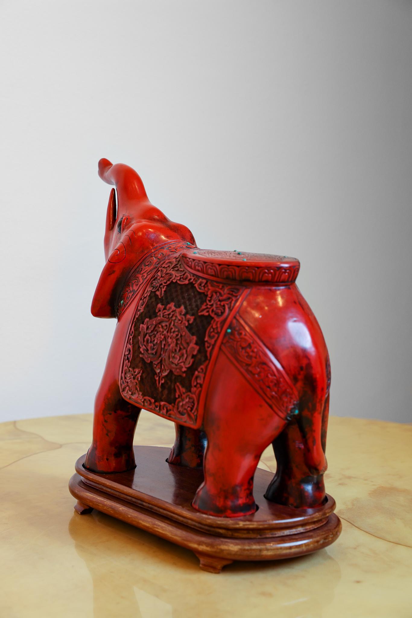 Chinese Carved Cinnabar Elephant with Semi Precious Stones 2
