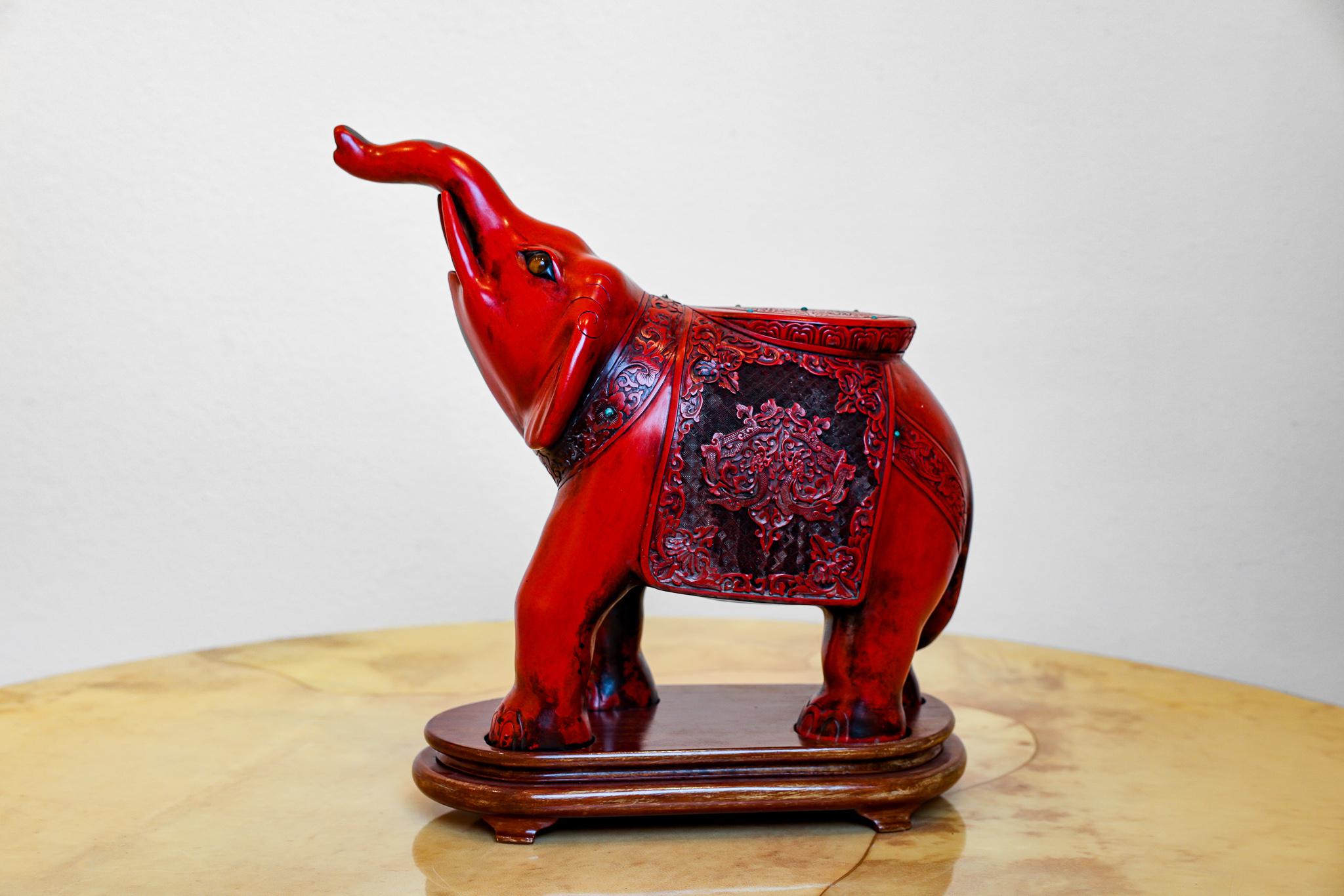 Chinese Carved Cinnabar Elephant with Semi Precious Stones 3