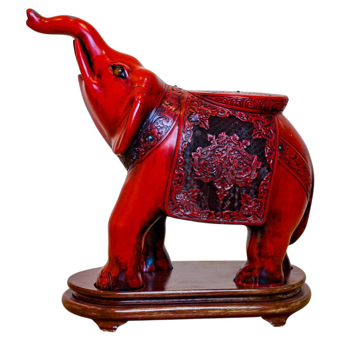 Chinese Carved Cinnabar Elephant with Semi Precious Stones