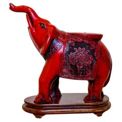 Chinese Carved Cinnabar Elephant with Semi Precious Stones