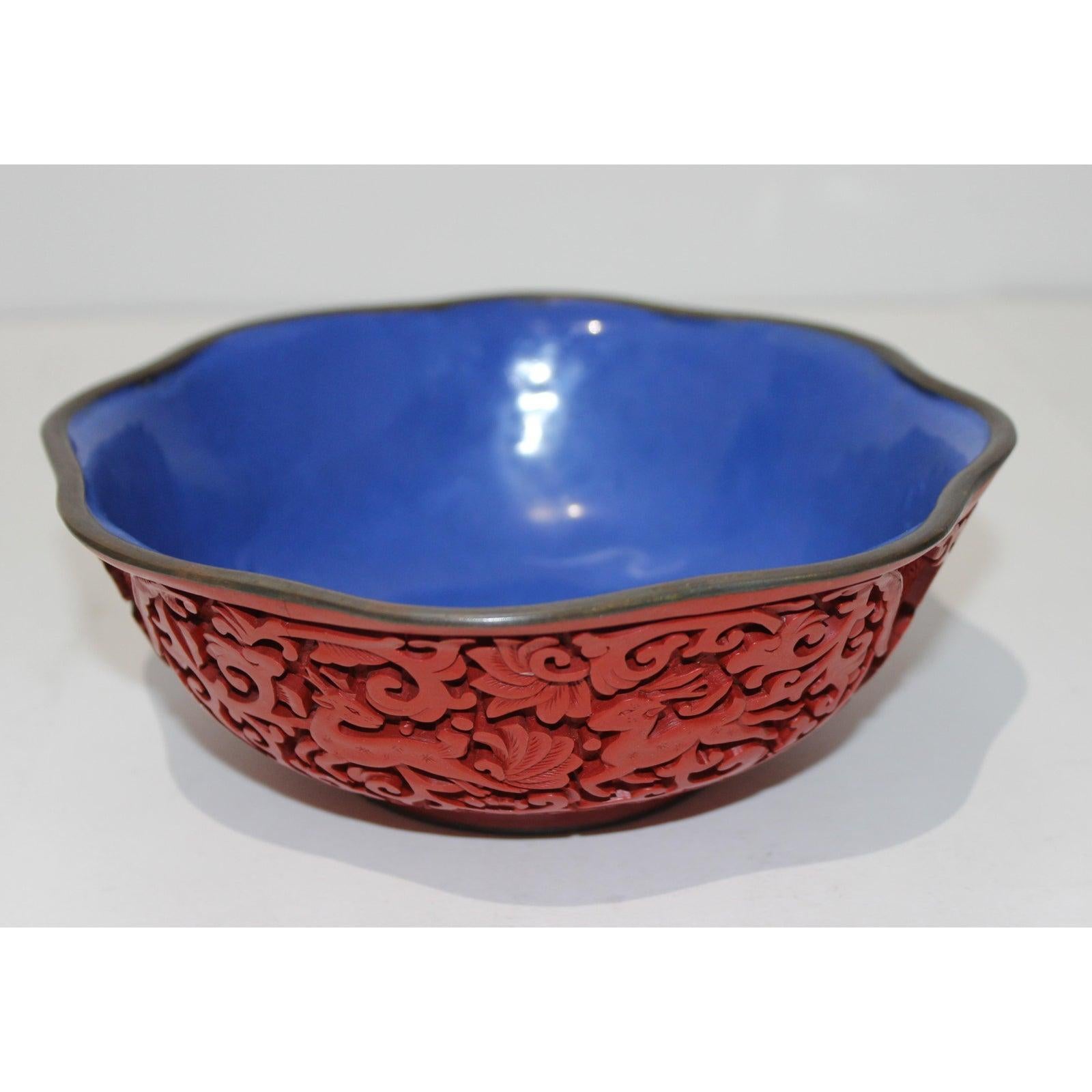 Classic Vintage Chinese Carved Cinnabar lacquer and enameled bowl with deer and chrysanthemum motif from a Palm Beach estate.