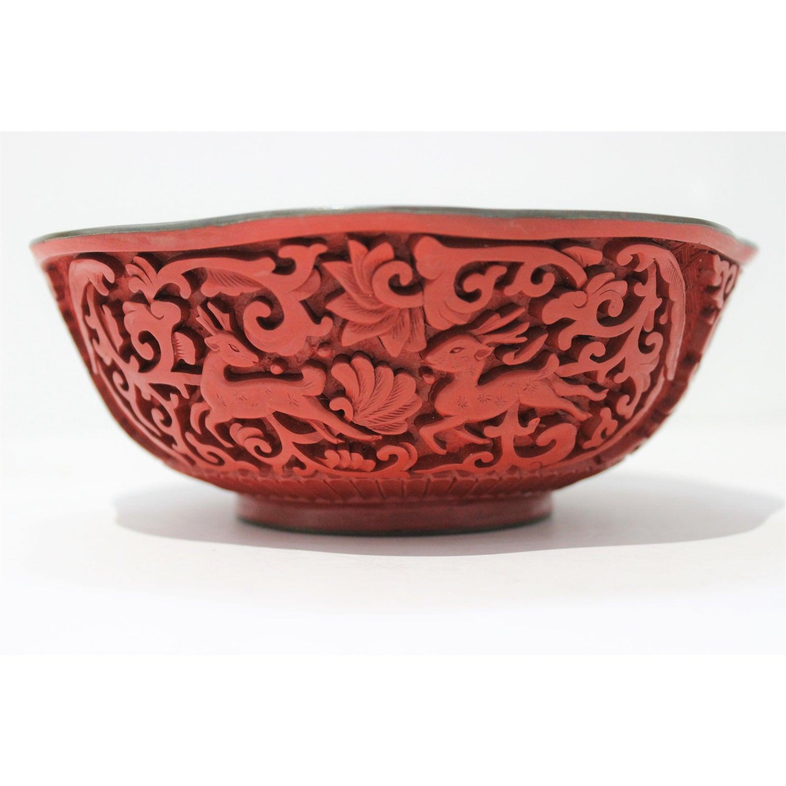 Chinese Export Chinese Carved Cinnabar Lacquer and Enameled Bowl Deer and Chrysanthemum For Sale