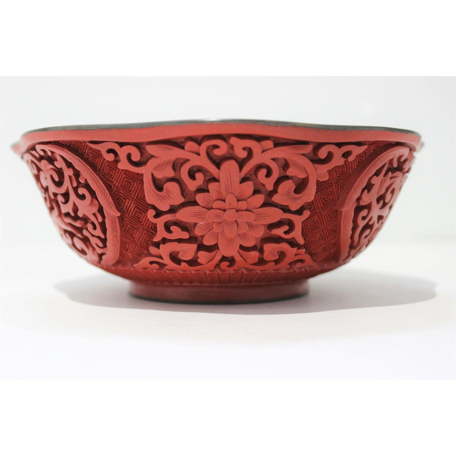Hand-Carved Chinese Carved Cinnabar Lacquer and Enameled Bowl Deer and Chrysanthemum For Sale