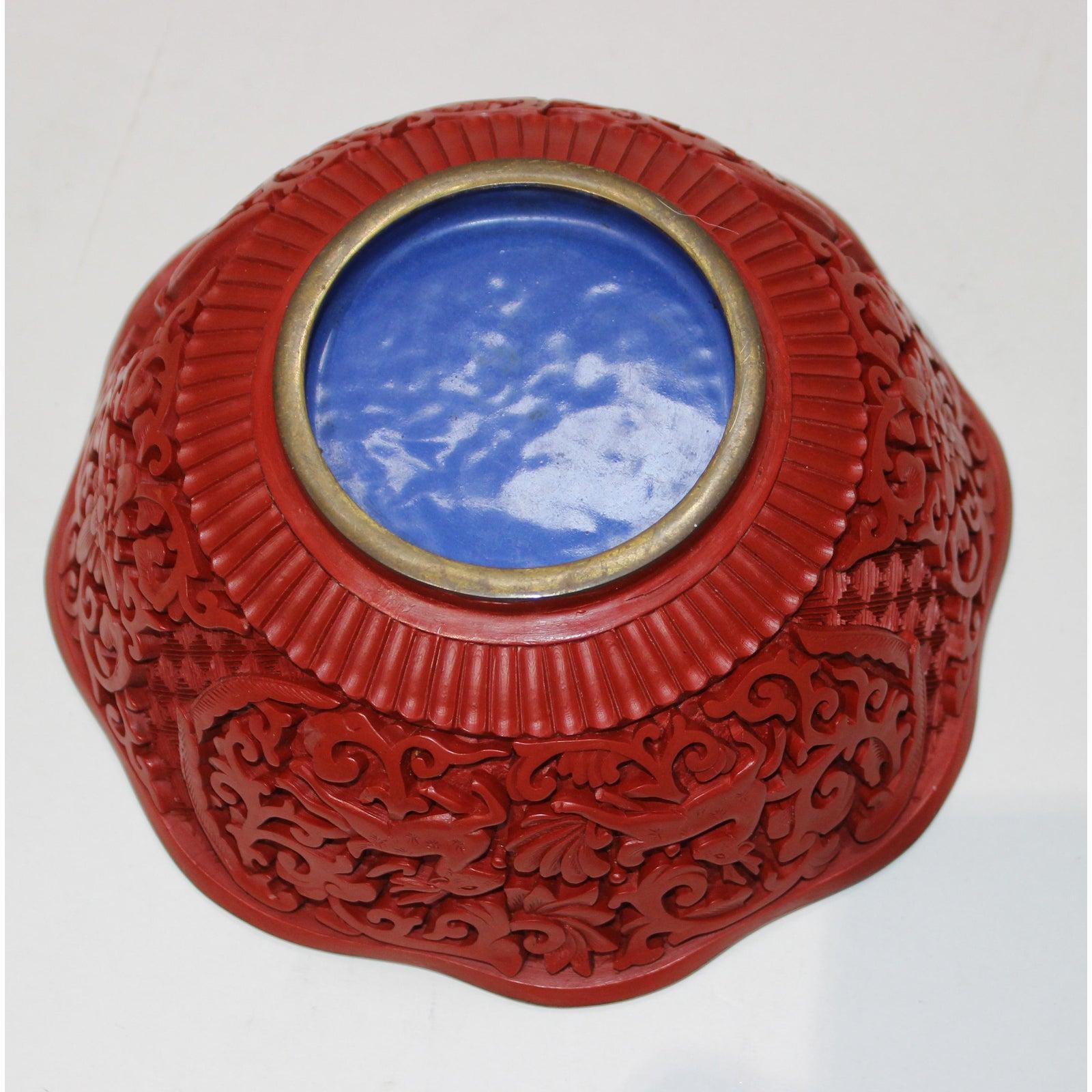20th Century Chinese Carved Cinnabar Lacquer and Enameled Bowl Deer and Chrysanthemum For Sale