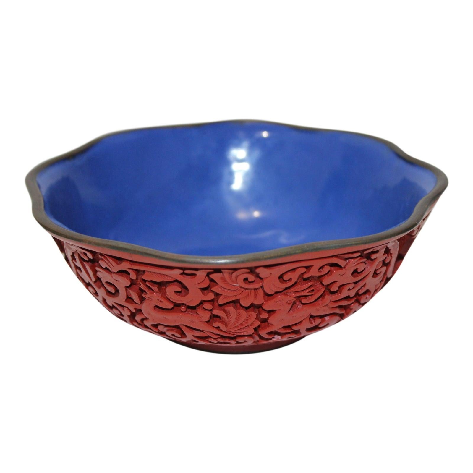 Chinese Carved Cinnabar Lacquer and Enameled Bowl Deer and Chrysanthemum For Sale