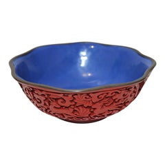 Chinese Carved Cinnabar Lacquer and Enameled Bowl Deer and Chrysanthemum