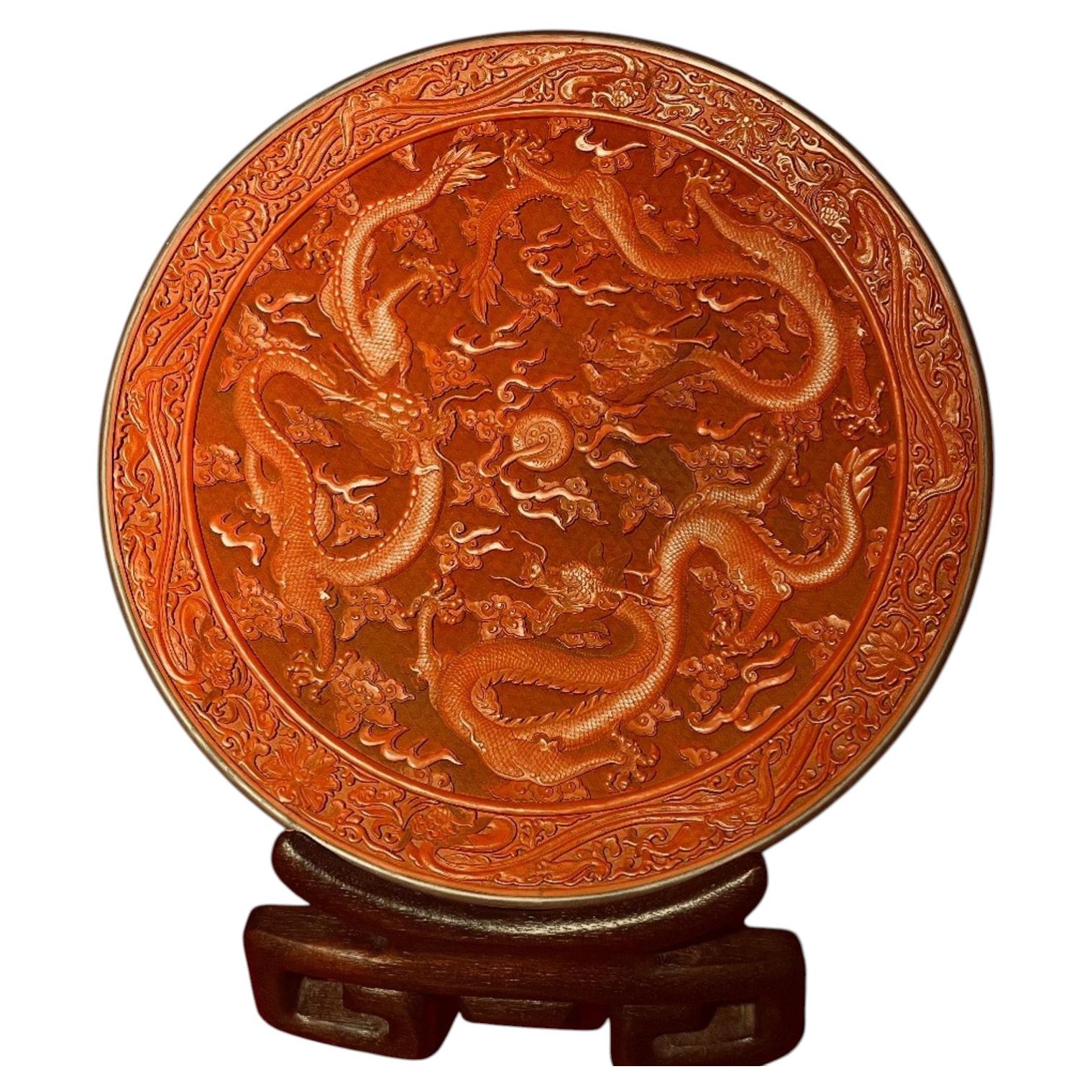 Chinese Carved Cinnabar Lacquer Charger with Five Dragons, Circa 1900