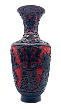 Chinese Carved Cinnabar Lacquer Vase w/ Black Floral Relief, Early 20th Century