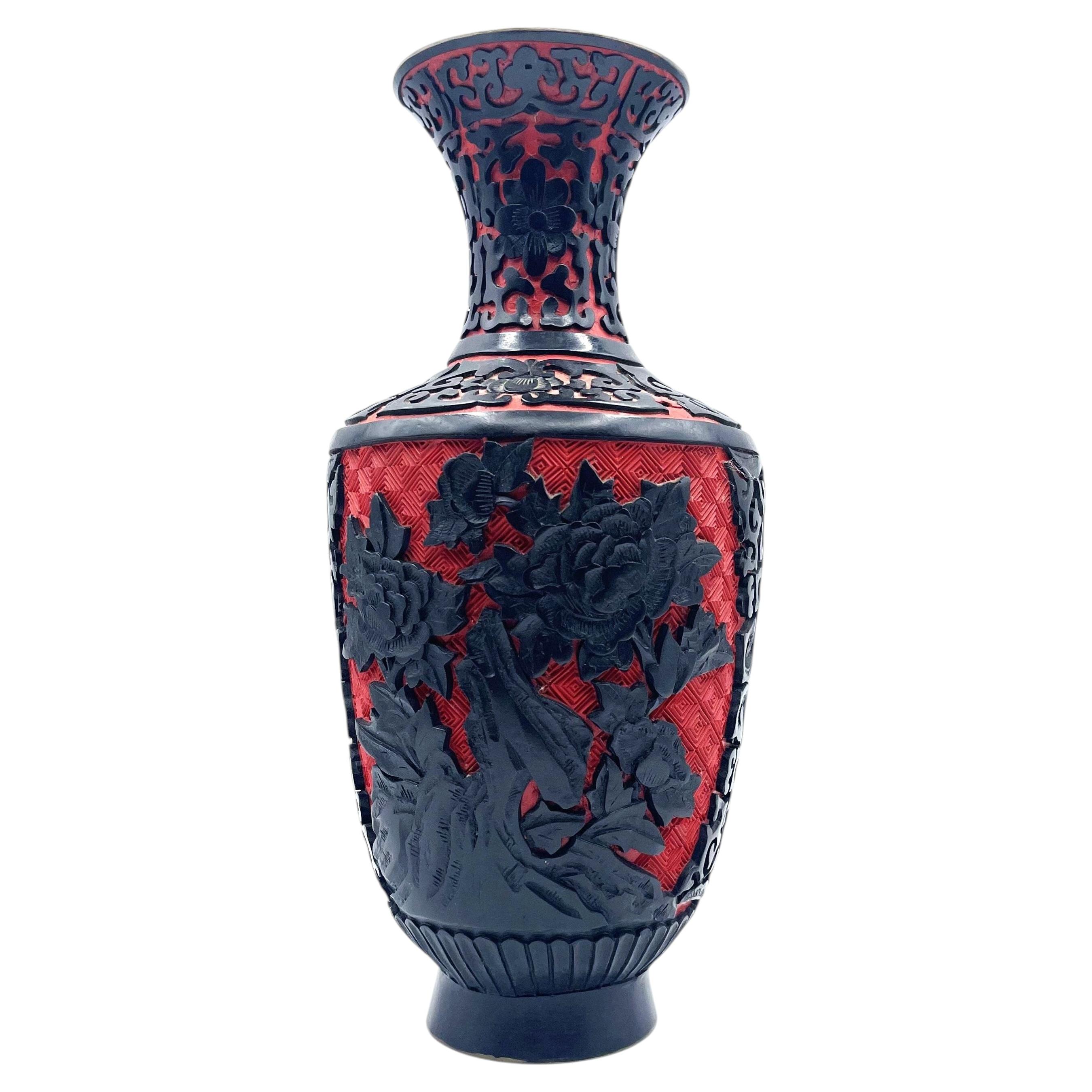 Chinese Carved Cinnabar Lacquer Vase w/ Black Floral Relief, Early 20th Century